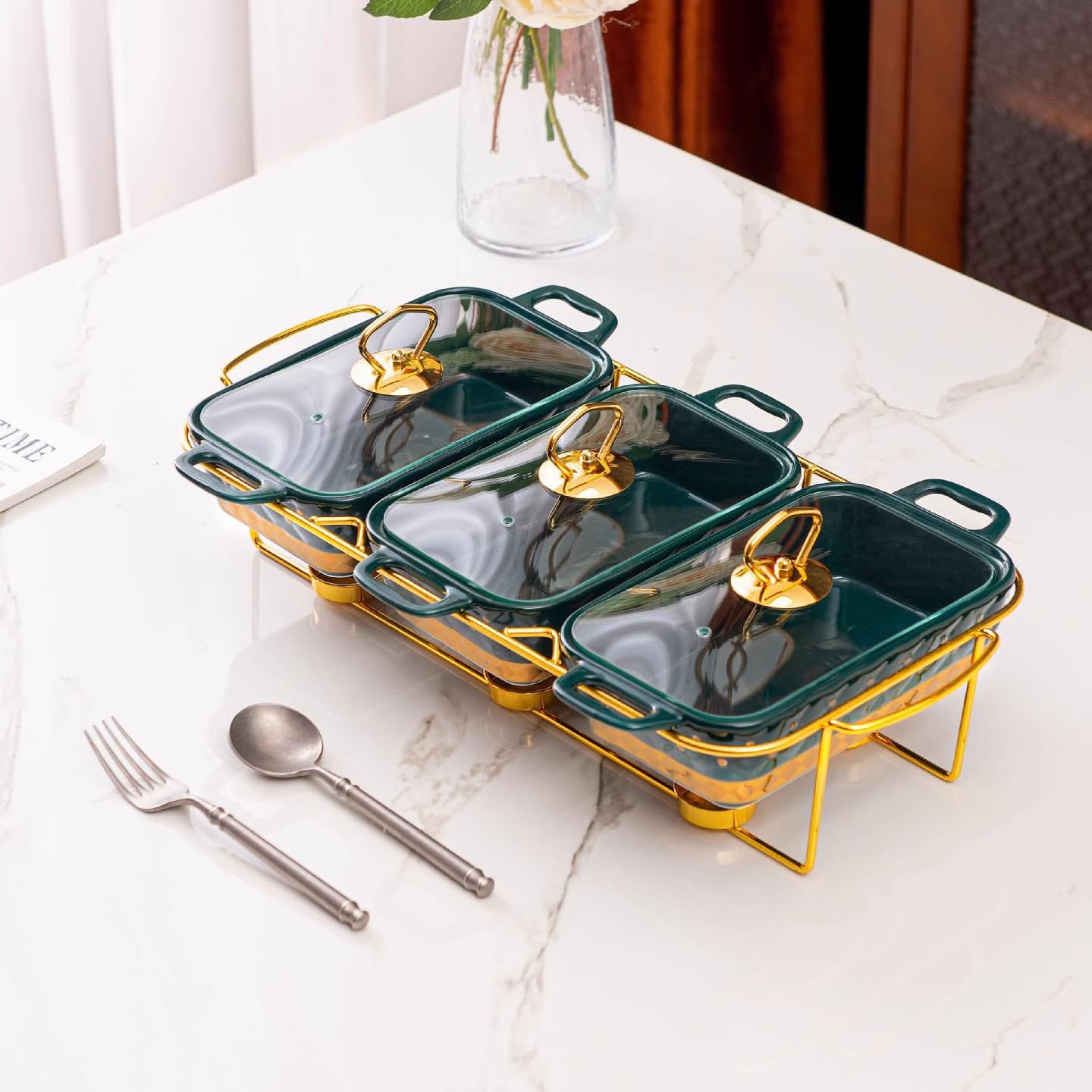 Servidor de buffet de cerámica con tapa de cristal para calentar, ideal para bodas, fiestas, banquetes y eventos de catering