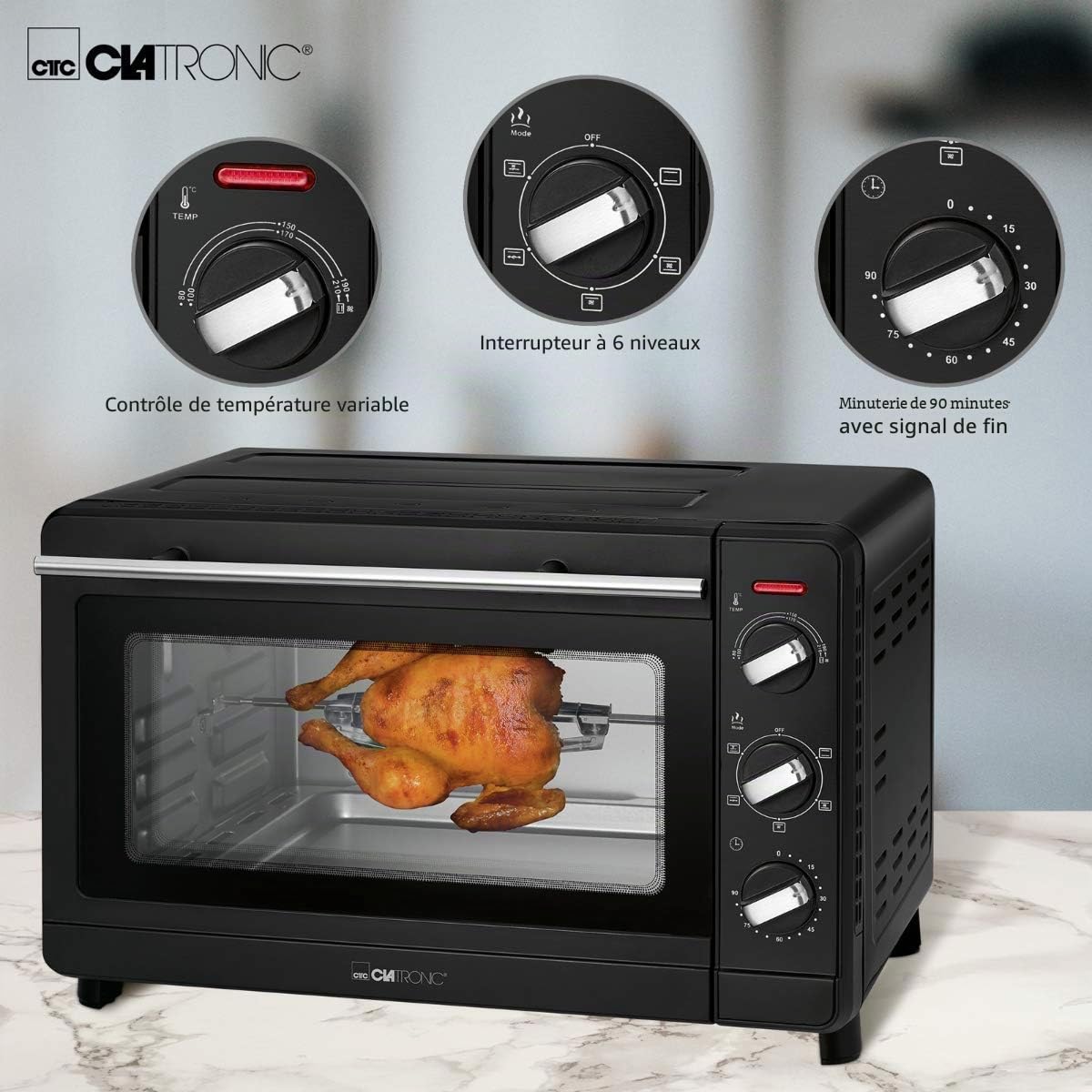 Clatronic Multi-Four MBG 3728, 30 litres d'espace de cuisson, convection + chaleur supérieure et inférieure, minuteur de 90 minutes avec signal de fin, noir