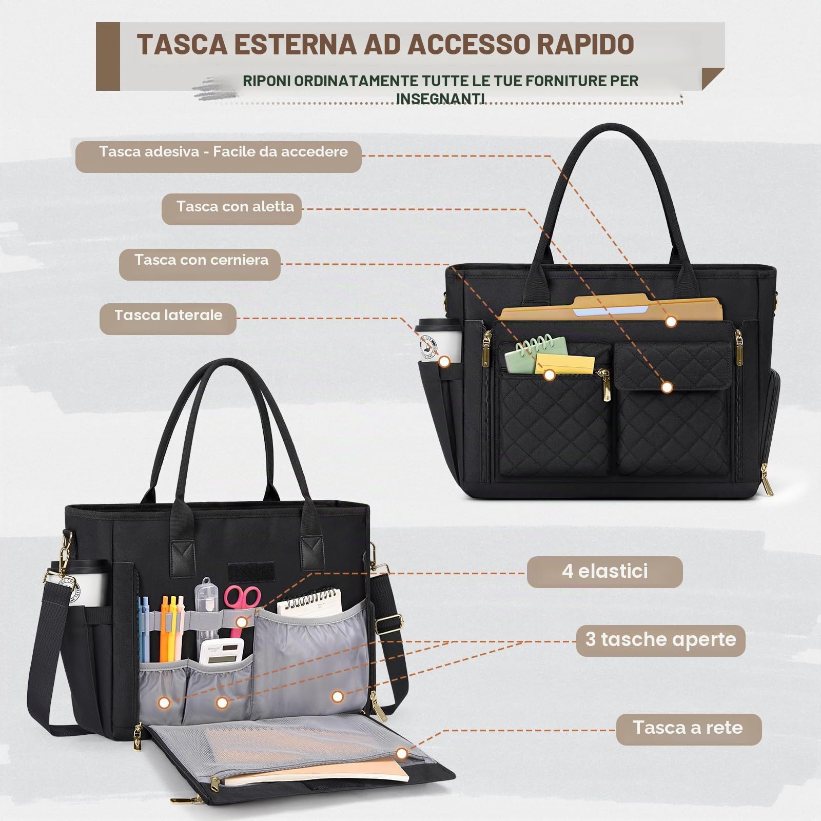 RAINSMORE Borsa Lavoro Donna Insegnante con Scomparto Pranzo Isolato Grande Borsa Porta PC 15.6 Pollici Capacità per Università e Ufficio Shopper