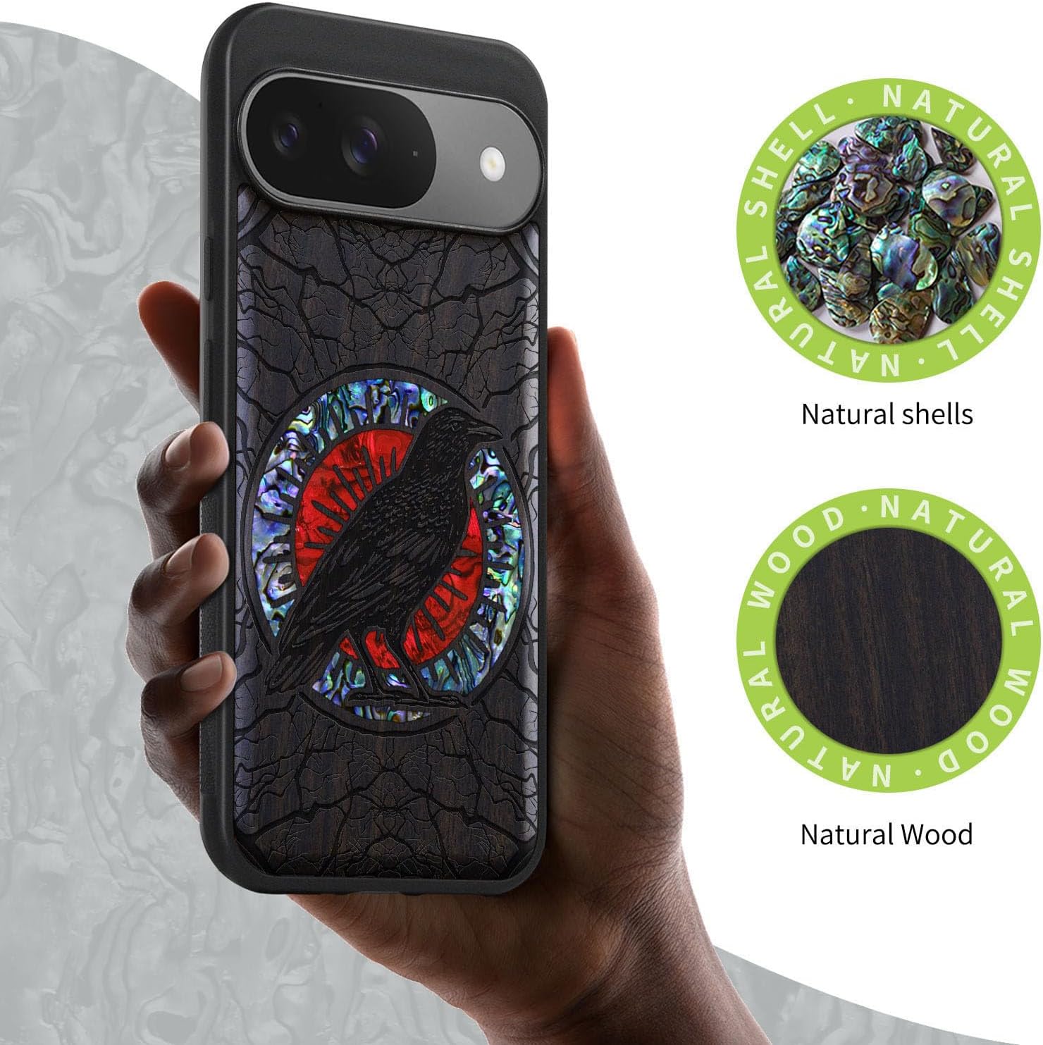 Carveit Magnetic Wooden Case for Google Pixel 9 Case, Wood Artisan Engraved & Handmade Shell Inlaid, Compatible with MagSafe Wireless Chargers, The Haloed Crow - Blackwood