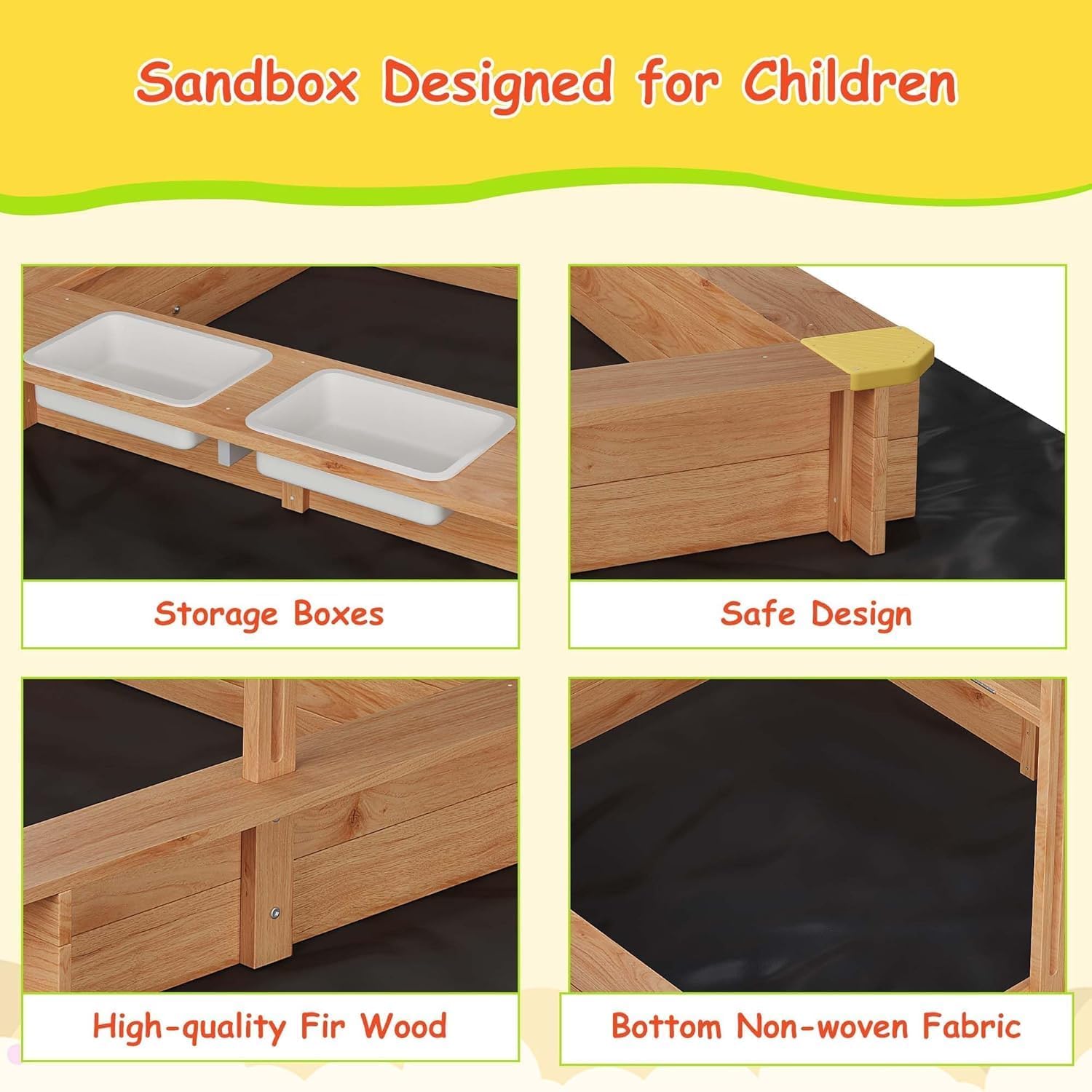 Sandbox with Lid, Kids Sandbox with 2 Plastic Boxes, Kids Outdoor Play Equipment, UV-Resistant & Adjustable Height Roof for Beach, Patio, Backyard