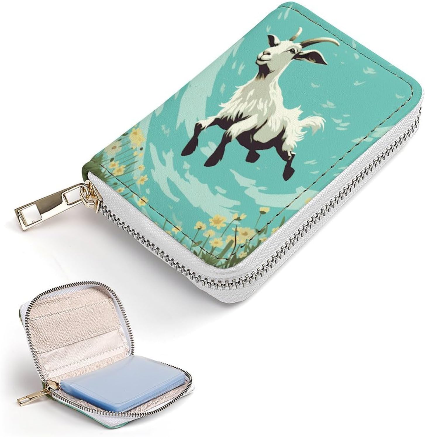 Leather Card Organizer Case Card Wallet Credit Card Holder Goat Frolic Printed Zipper Card Cases Holder for Women Men