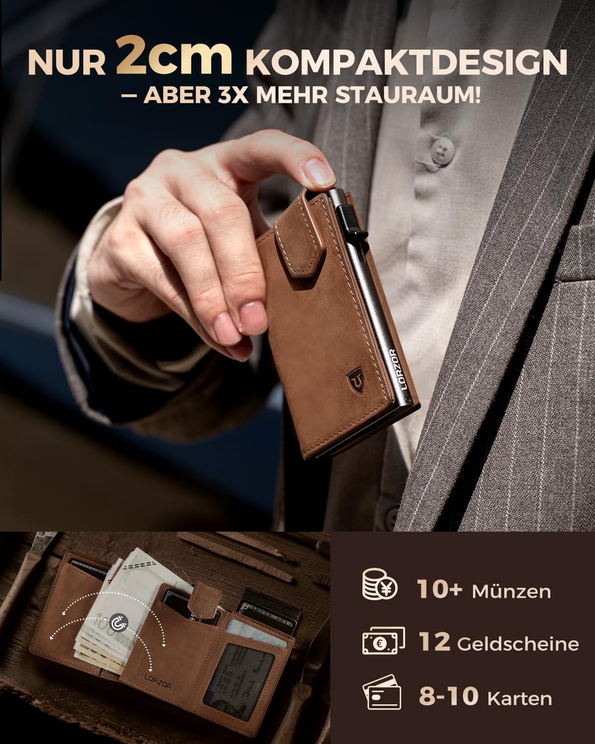 LORZOR Kartenetui mit XXL münzfach für 10+ Münzen, Slim Wallet mit Magnetischer Verschluss, Geldbörse Herren RFID Schutz, Portemonnaie Klein, Portmonee, Geldbeutel Brieftasche für 10 Karten （Braun）