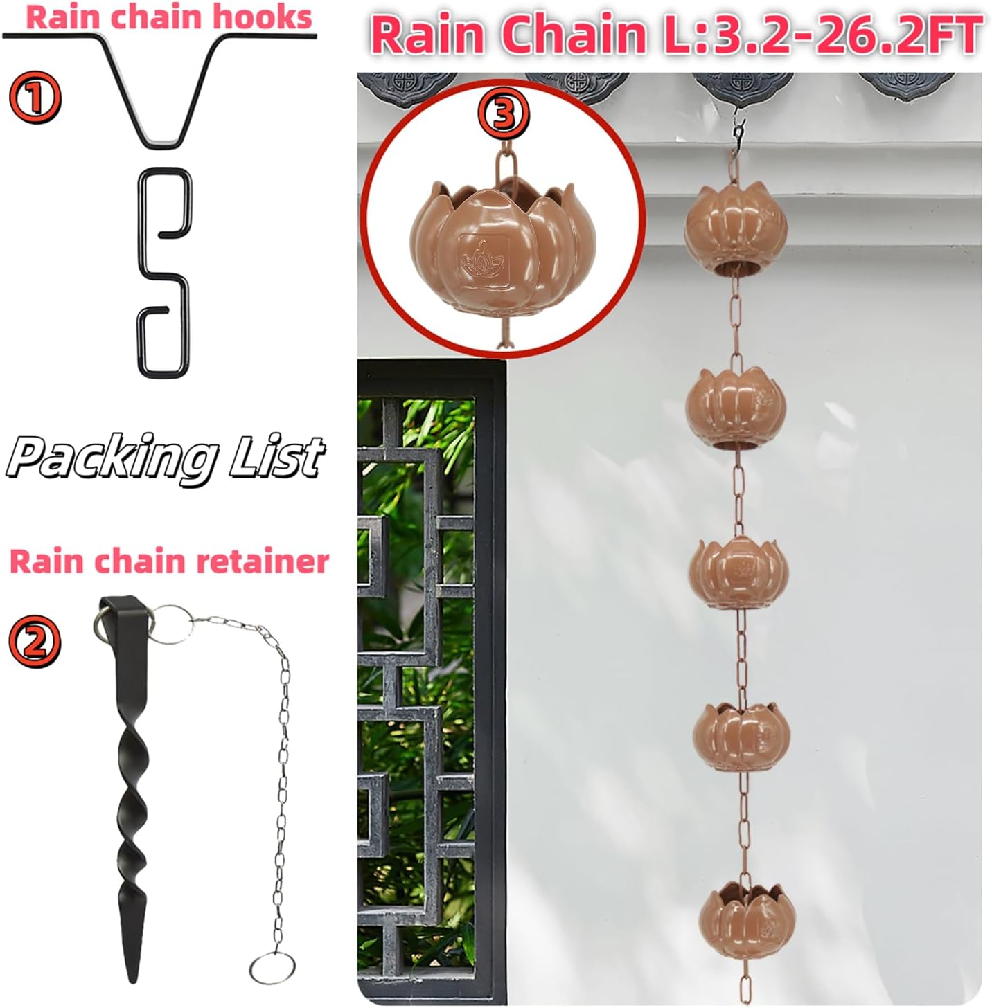 DFTDFYXYRain Chain Rain Water Catcher Aluminum Adjustable Rain Catcher Chain for Window Garden Decorations Functional and Decorative for Eaves Drainage,Patio,Temple,Replacement Downpipe,8m(26.2ft)