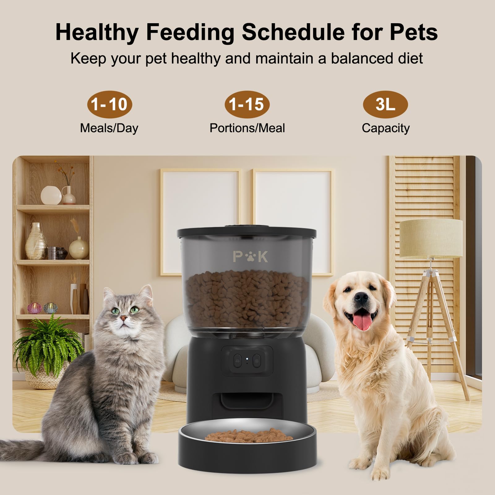 PUPPY KITTY Distributore Automatico Cibo Gatti, 2.4G WiFi 3L Dispenser Cibo Gatti con Ciotola in Acciaio Inox, 1-6 Pasti al Giorno