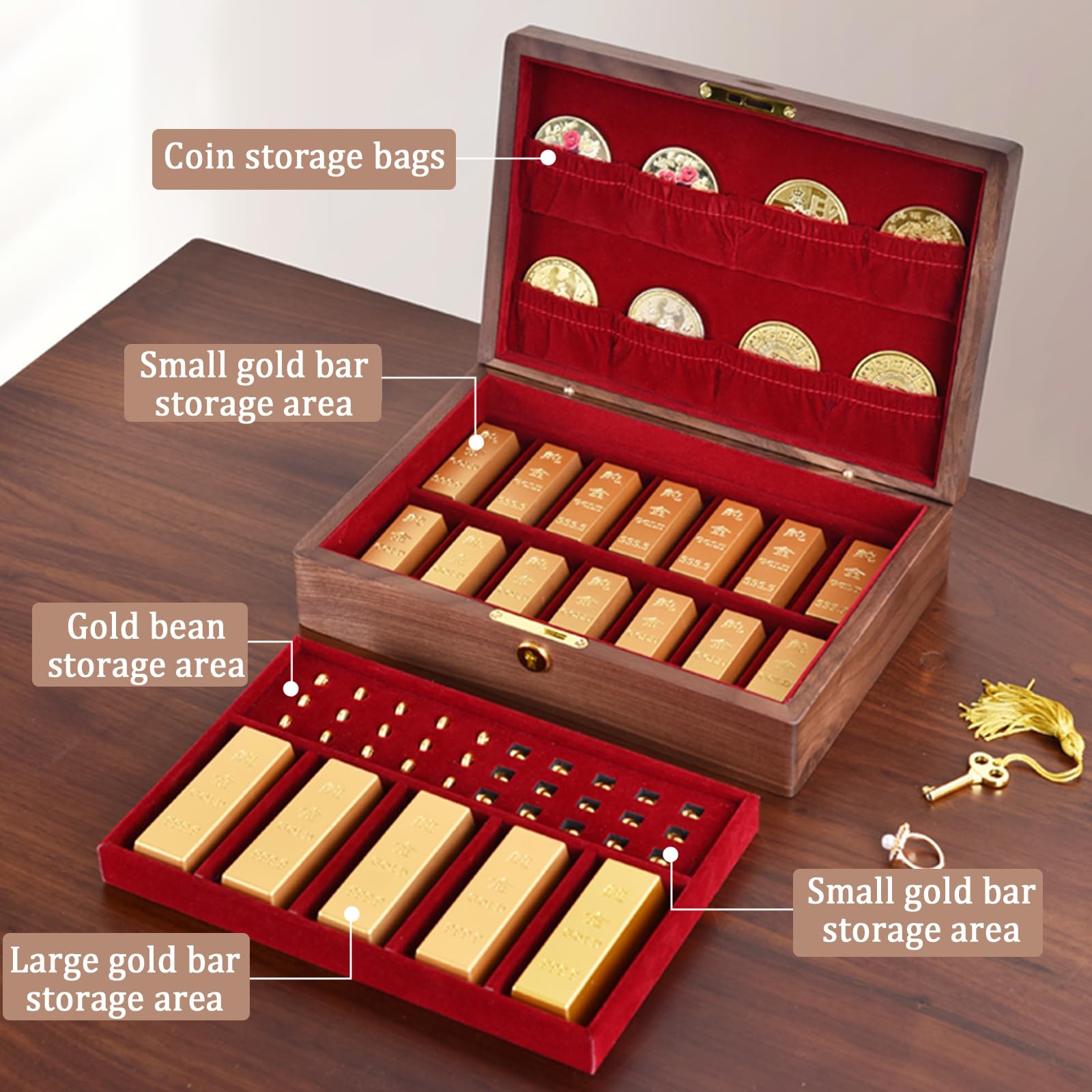 Caja expositora de monedas, organizador de almacenamiento de madera con divisor de terciopelo y bandeja multiranura para lingotes y monedas conmemorativas