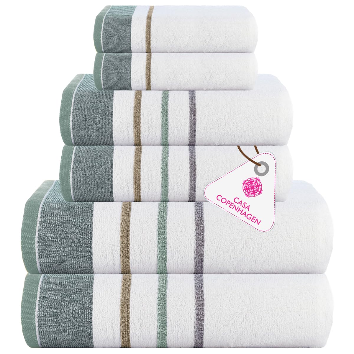 CASA COPENHAGEN White Bay towel set made from 600 g/m² Egyptian cotton for hotel, spa, kitchen and bathroom, 6-piece set with 2 bath towels, 2 hand towels, and 2 washcloths – Grey Seagrass