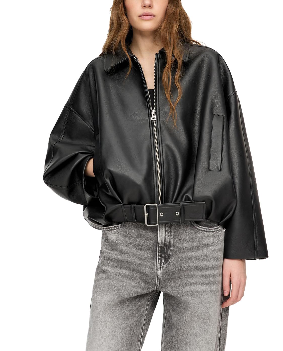 olrain Womens Oversized Faux Leather Jacket with Belt Casual Motorcycle Style Coat Blazer for Spring Fall