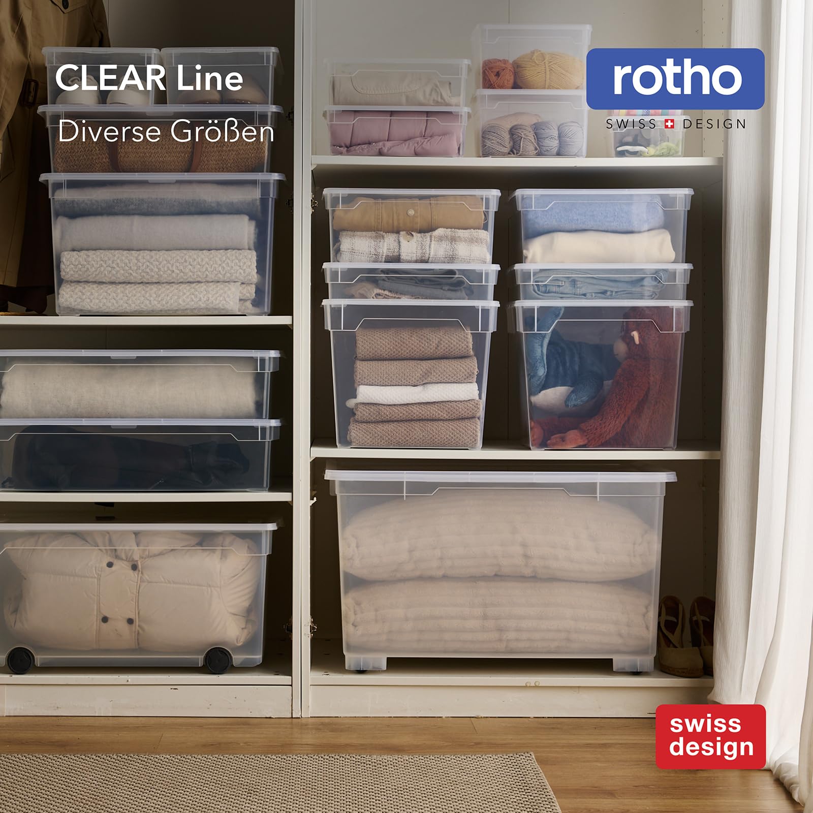 Rotho CLEAR Box zestaw 12 pojemników do przechowywania 5 l z pokrywką, zajmuje mało miejsca, możliwość układania w stos, 33 x 19 x 11 cm, przezroczysty, niebieski