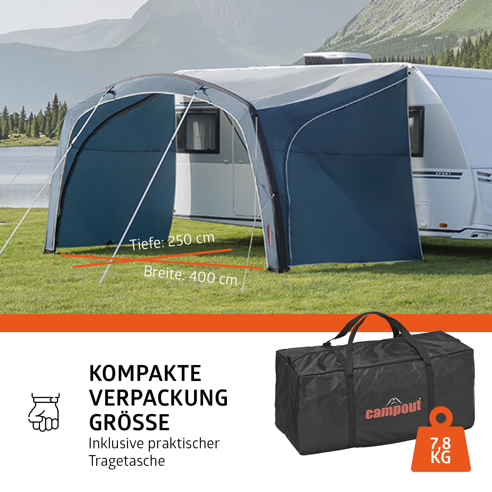 Campout Aufblasbares Vorzelt für Wohnwagen & Wohnmobil – 400 x 250 cm – 3000 mm Wassersäule – Anbauhöhe 235-250 cm – Aufbau in 15 Min – Inkl. Pumpe & Sturmabspannleinen