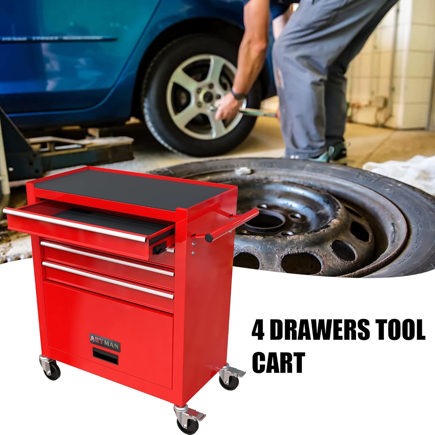 PULLAFUN Rolling Tool Cart with 4 Drawer Tool Box,Tool Chest with Wheels,Tool Storage Organizer Cabinets for Garage, Warehouse, Repair Shop,230 LBS Capacity,24.4" D x 13" W x 26" H (Red)