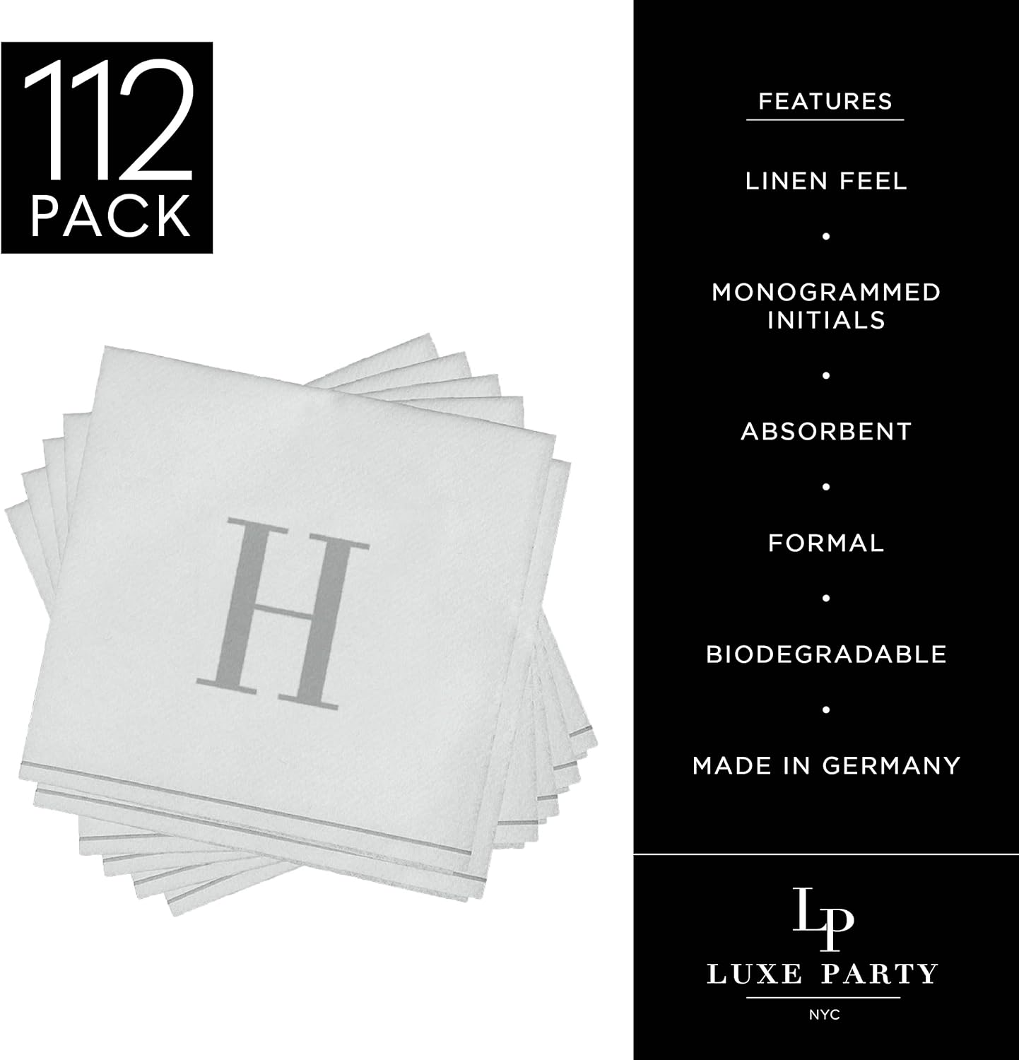 Luxe Party 112 Pack Monogram Cocktail Napkins, Letter H Initial, Disposable, Premium Airlaid, Linen Feel, Decorative, White and Silver