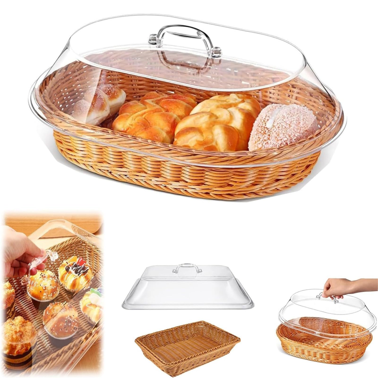 Cestino in vimini con coperchio in acrilico, cestino in vimini con coperchio in acrilico, cestino in vimini con coperchio, per cibo, pane, pane, picnic, cestino in vimini per servire con cerniera