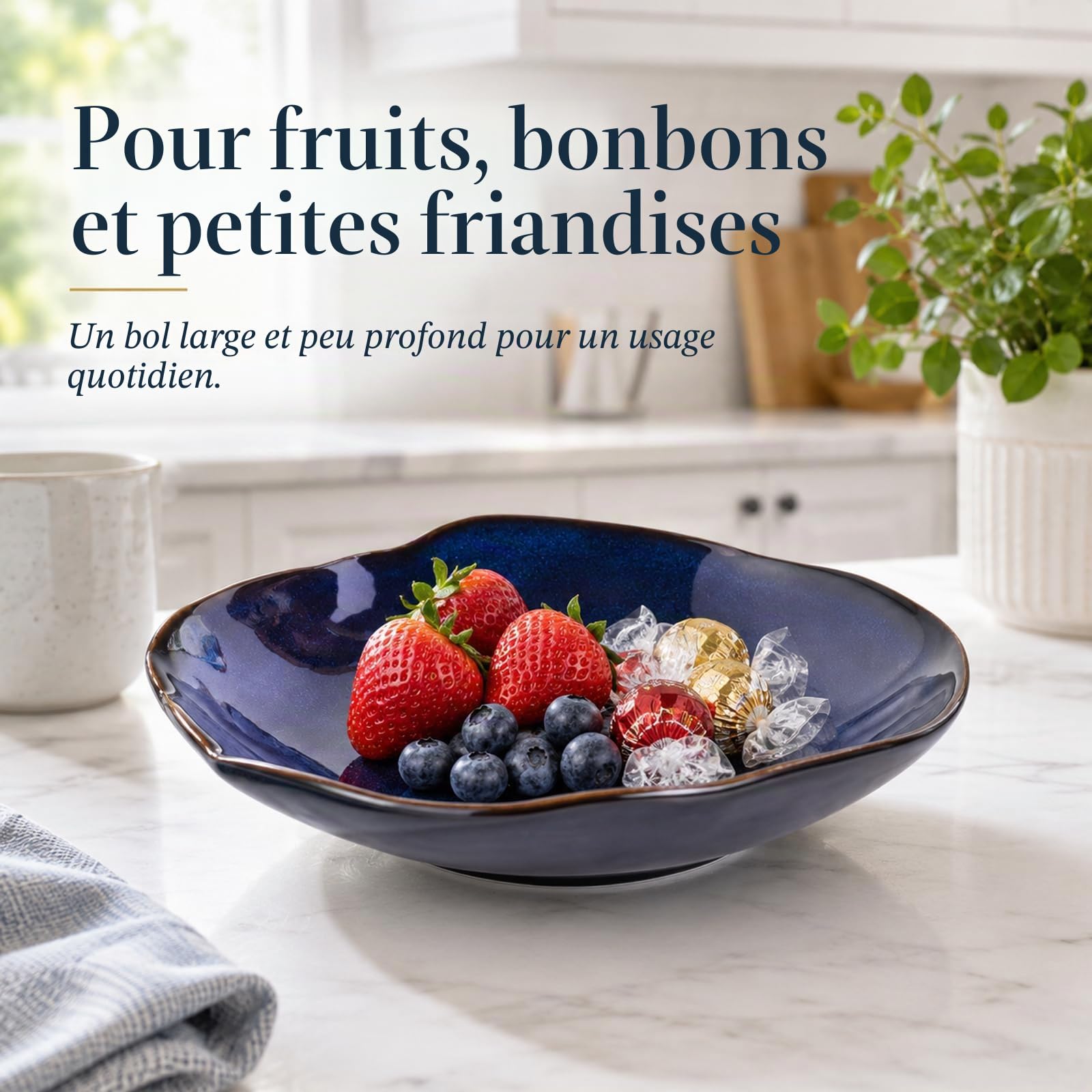Bol décoratif en céramique bleu – Petit plat à bijoux de 26 cm, bol à fruits, à bonbons, bol à clés pour table d'entrée, plat à bijoux et bagues, plat fourre-tout en porcelaine pour cuisine, table de
