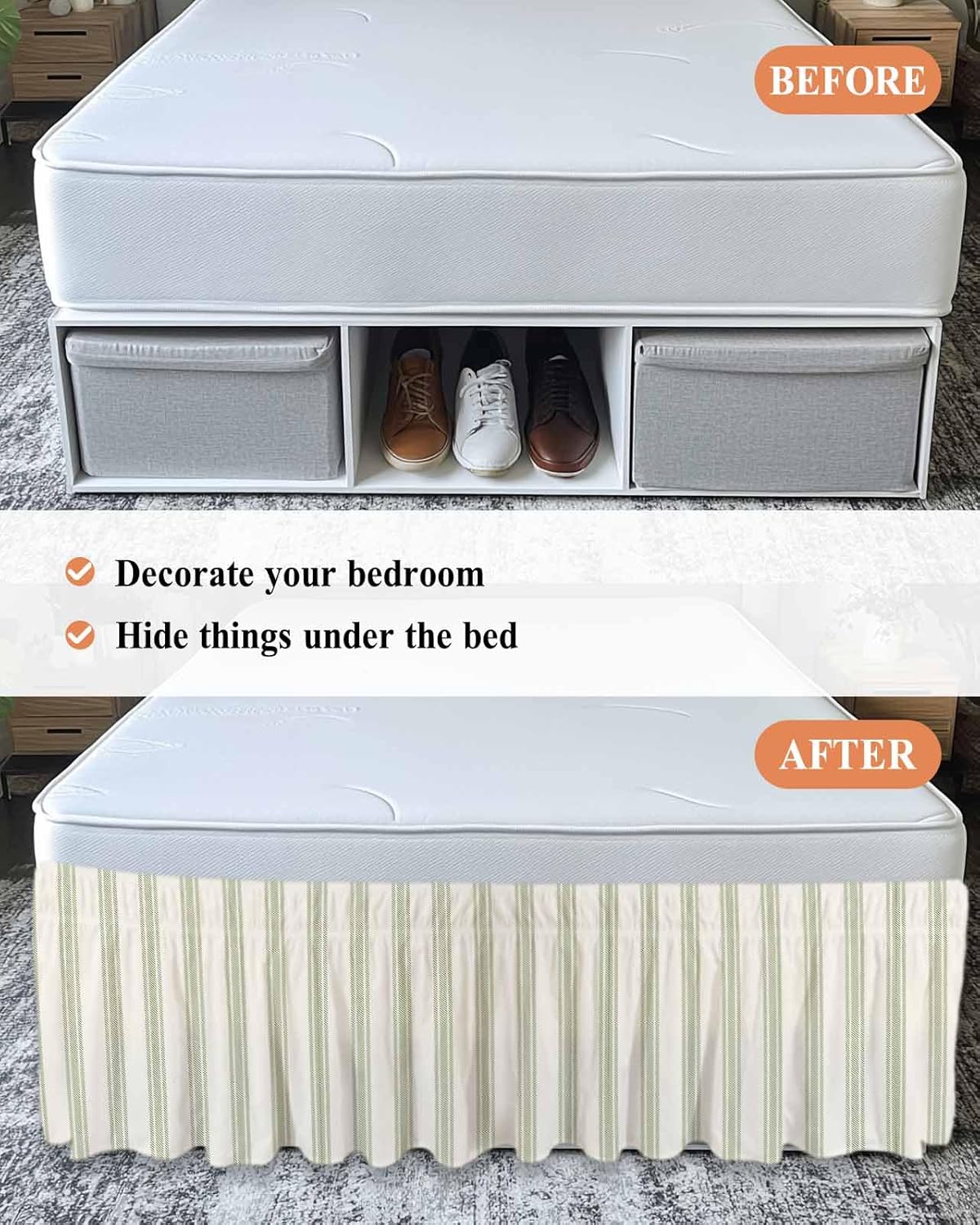 Wrap Around Bed Skirts for Queen Beds, Sage Green Stripe Geometric Beige Retro Farmhouse Decor Ruffle Bed Skirt with Adjustable Elastic Belts Easy Fit 16 Inch Drop