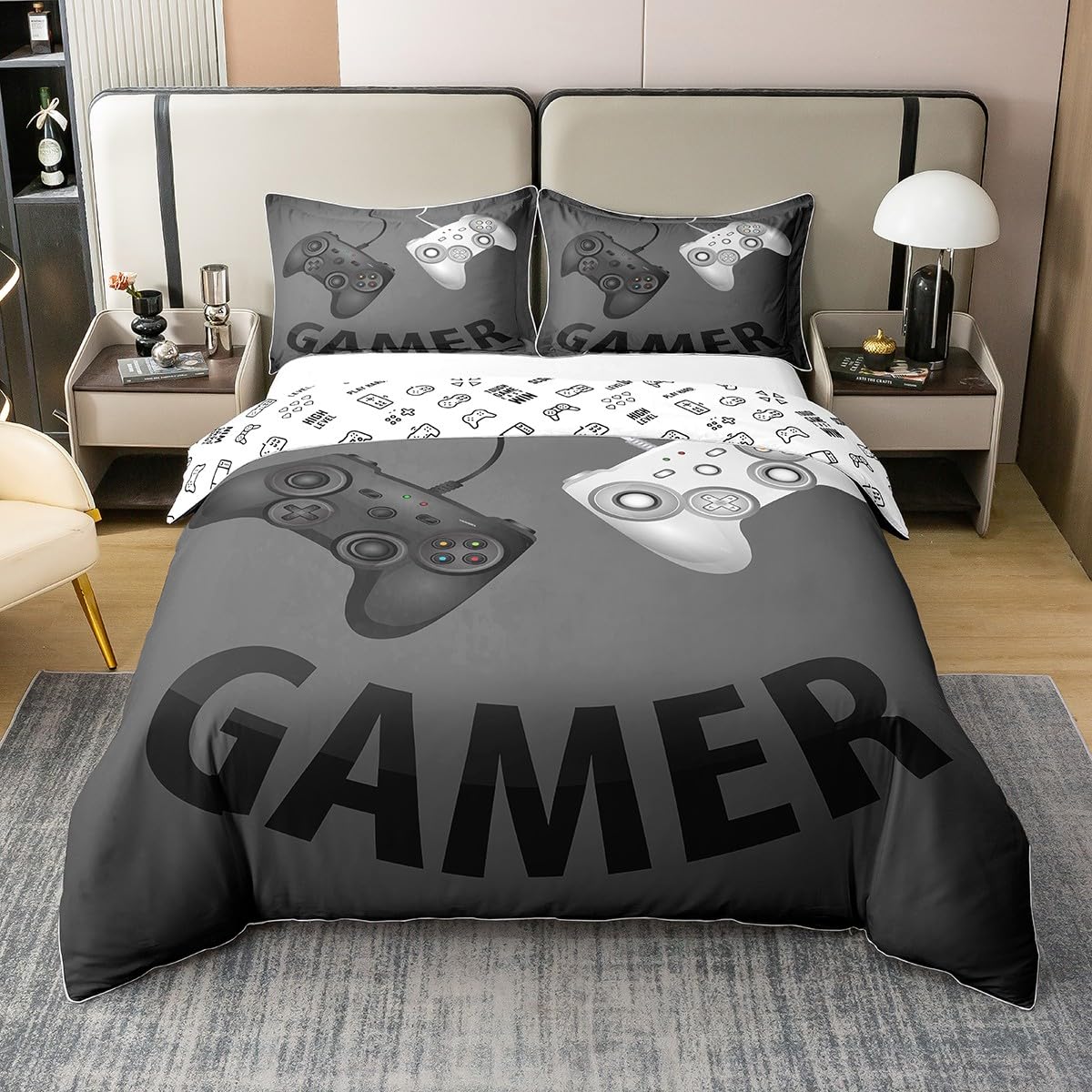 Grey Gaming 100% Cotton Duvet Cover King Gamer Gift for Boys Kids Girls Young Man Video Games Comforter Cover White Black Gamepad Bedding Set Travelling Camping Gifts Quilt Cover Soft Breathable — image 1