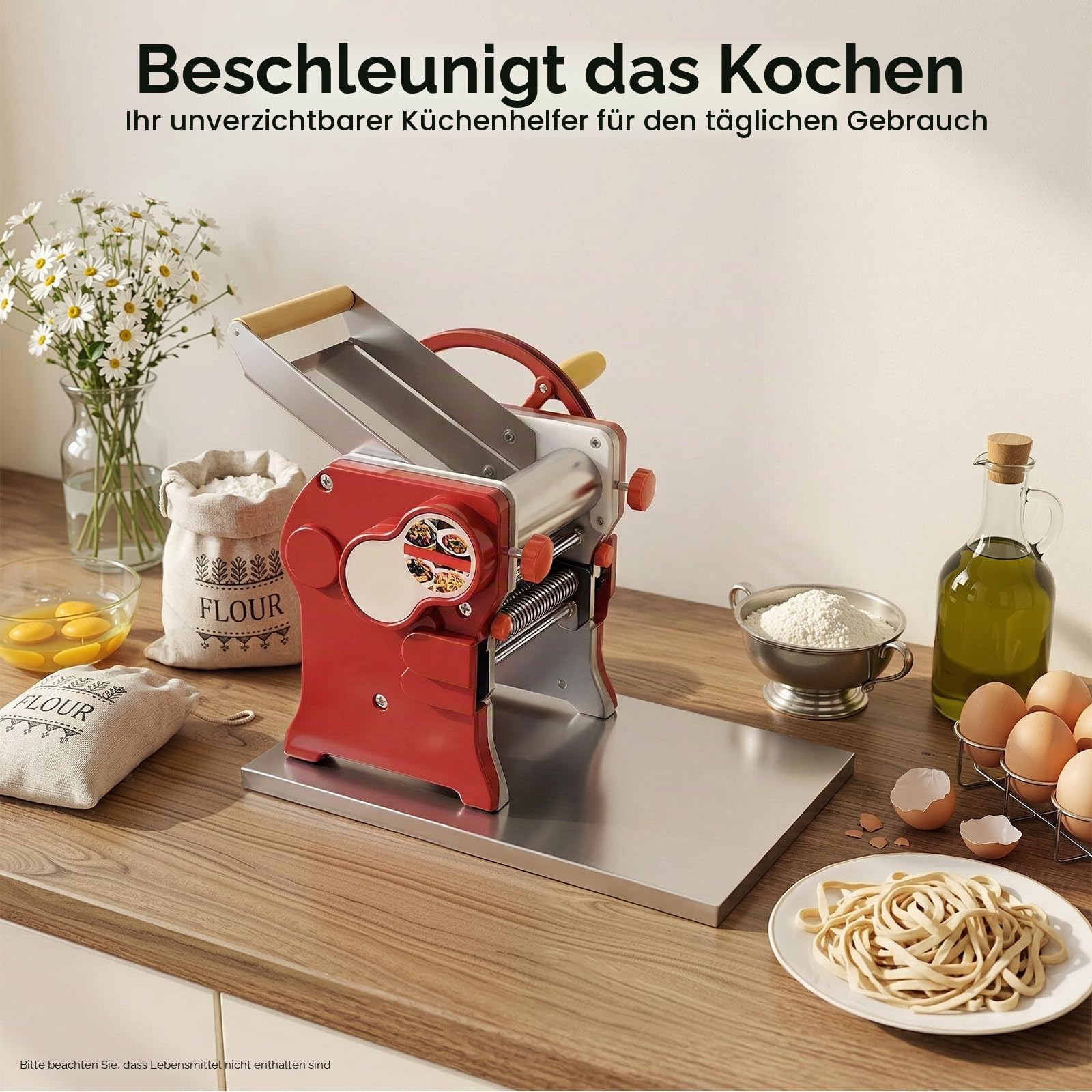 Nudelmaschine Edelstahl Rot, Manuelle Pasta Maschine mit Einstellbarer Teigdicke 0,5–5mm, Teigwarenreiber & Teigroller, für Küche Haushalt, Geeignet für 5–10 Personen