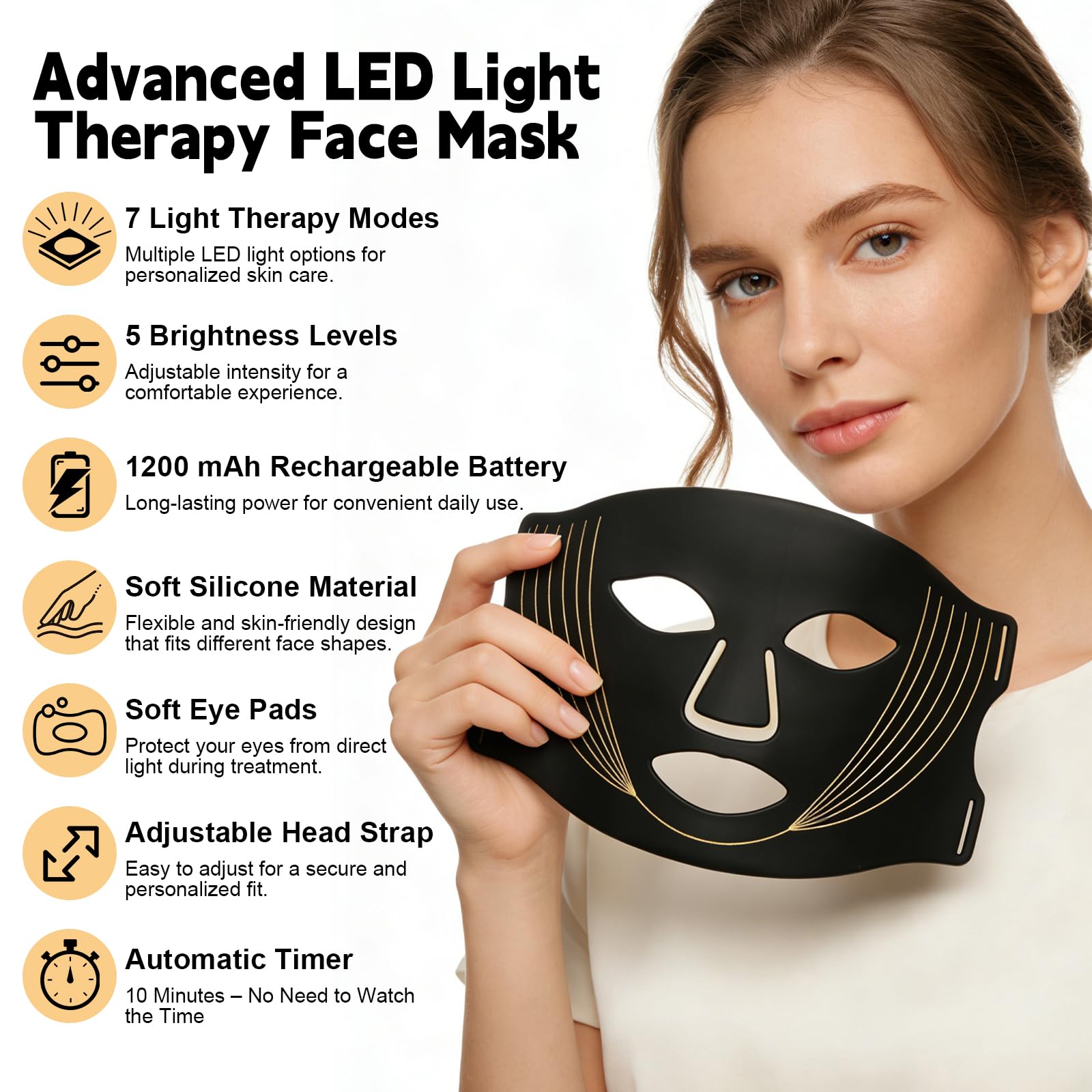 Wiederaufladbare LED Maske Gesicht，Lichttherapie Maske für den Heimgebrauch | 7 Lichtmodi | 5 Helligkeitsstufen | Flexibles Silikonmaterial | Augenschutz Design | Hautpflege