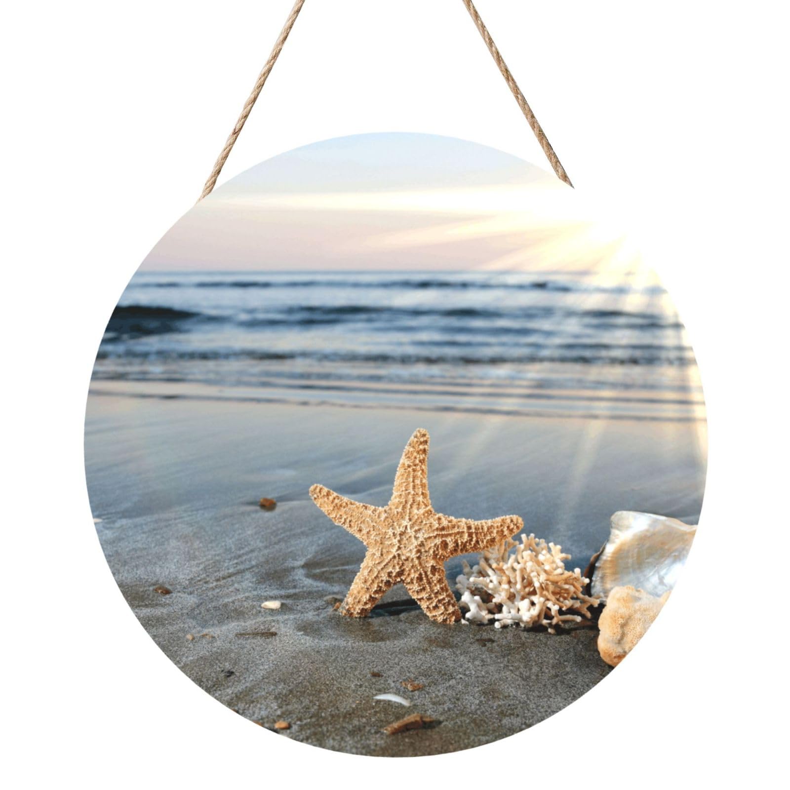 InOmak Starfish Shell Sunny Beach, Round Wood Panel Painting 12 in, Wall Hanging Painting For Home