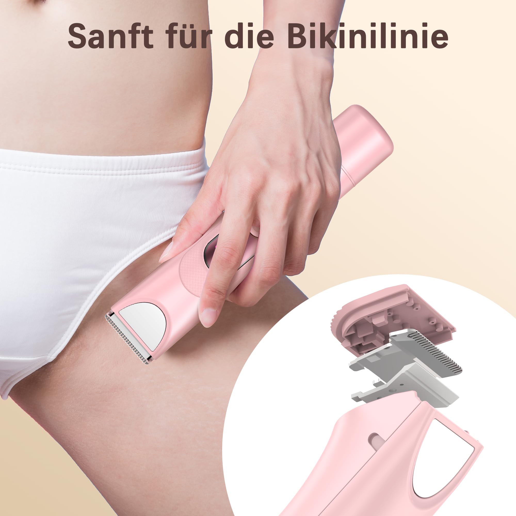 Elektrisch Rasierer Damen, 3-in-1- Elektrischer Trimmer Intimrasierer für Frauen, für Bikinizone Achseln Beine Gesicht mit LED-Anzeige, Wiederaufladbarer Damenrasierer Elektrisch Nass & Trocken, Rosa