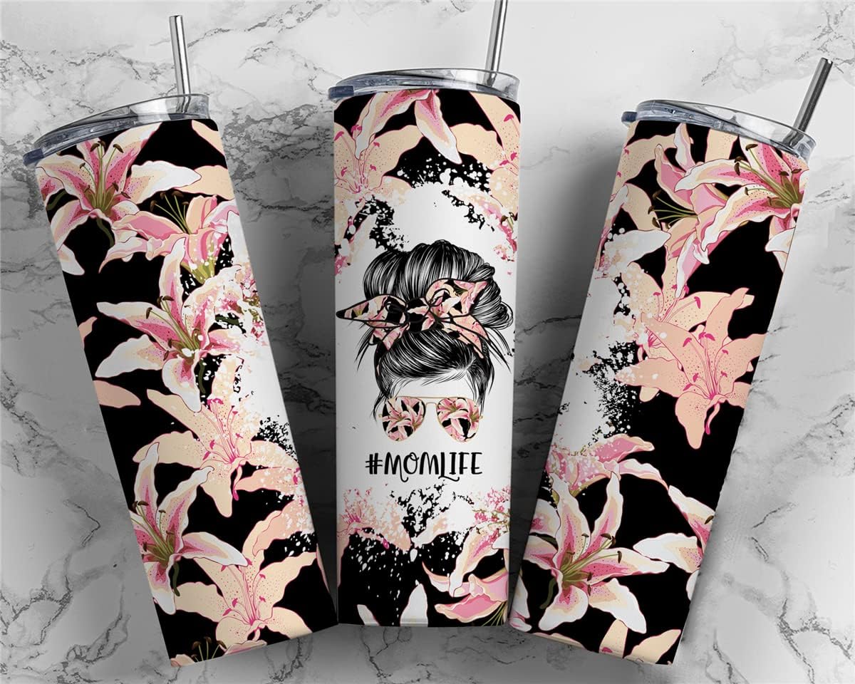 20oz Skinny Tumbler With Lid and Straw,Gifts for Woman,Mom Birthday Gifts,Travel Mug For Friends, Stainless Steel, Double Wall, Vacuum Sealed Travel Mug (Mom Life Lily Flower) - Image 4
