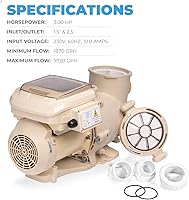 Vista 5 de XtremepowerUS 3.0HP SuperFlow Variable Speed High-Flo Pool Pump In-Ground Pool Energy Efficient 230V, 9,720GPH 1-1/2” & 2” Adapter w/Timer