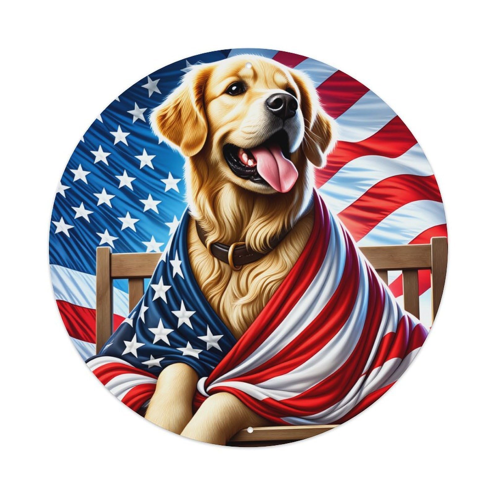 American Flag Dog Portrait Round Tin Sign Vintage Metal Poster, Home Bar Garage Man Cave Cafe Indoor & Outdoor Wall Decoration 8x8Inches
