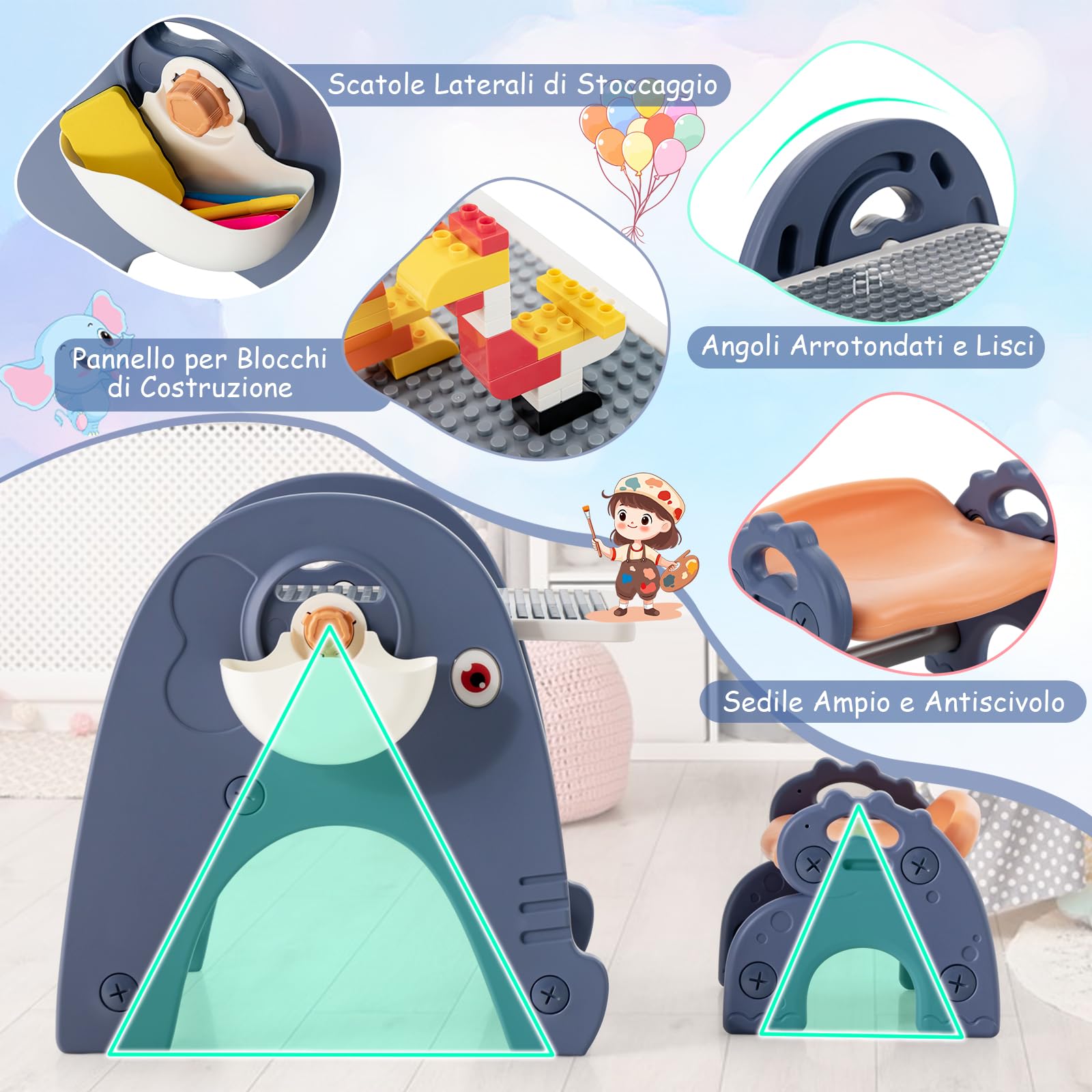 RELAX4LIFE Set di Cavalletto per Bambini con Sgabello, a Doppia Faccia con Lavagna Magnetica, Tavolo da Costruzione, Set Cavalletto per Bambini con Sgabello e Scatole Laterali