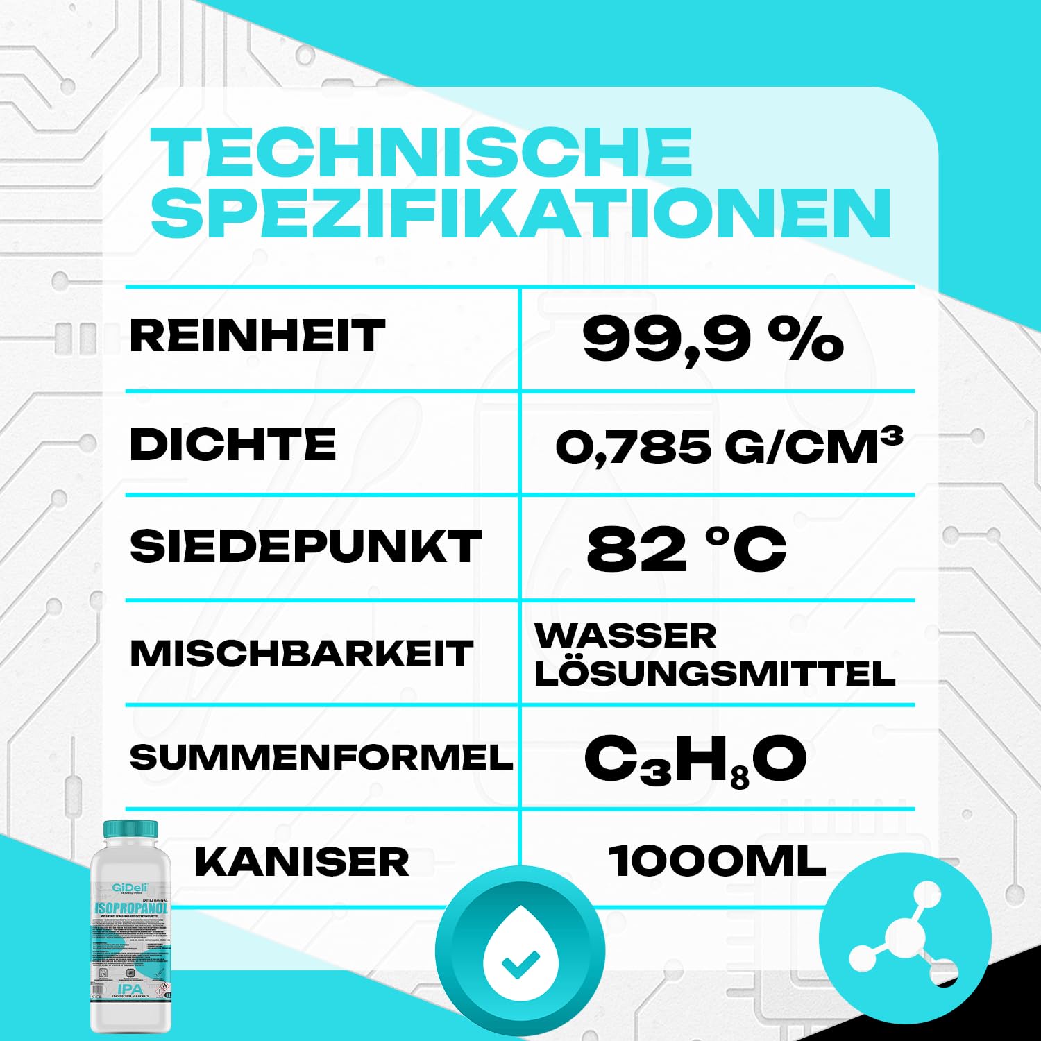 GiDeli Isopropanolo 99,9% 1l - Isopropilalcol Detergente ad Alta Concentrazione - Detergente per Elettronica, Accessori per Stampanti 3D, Vetro, Schermi e Lenti