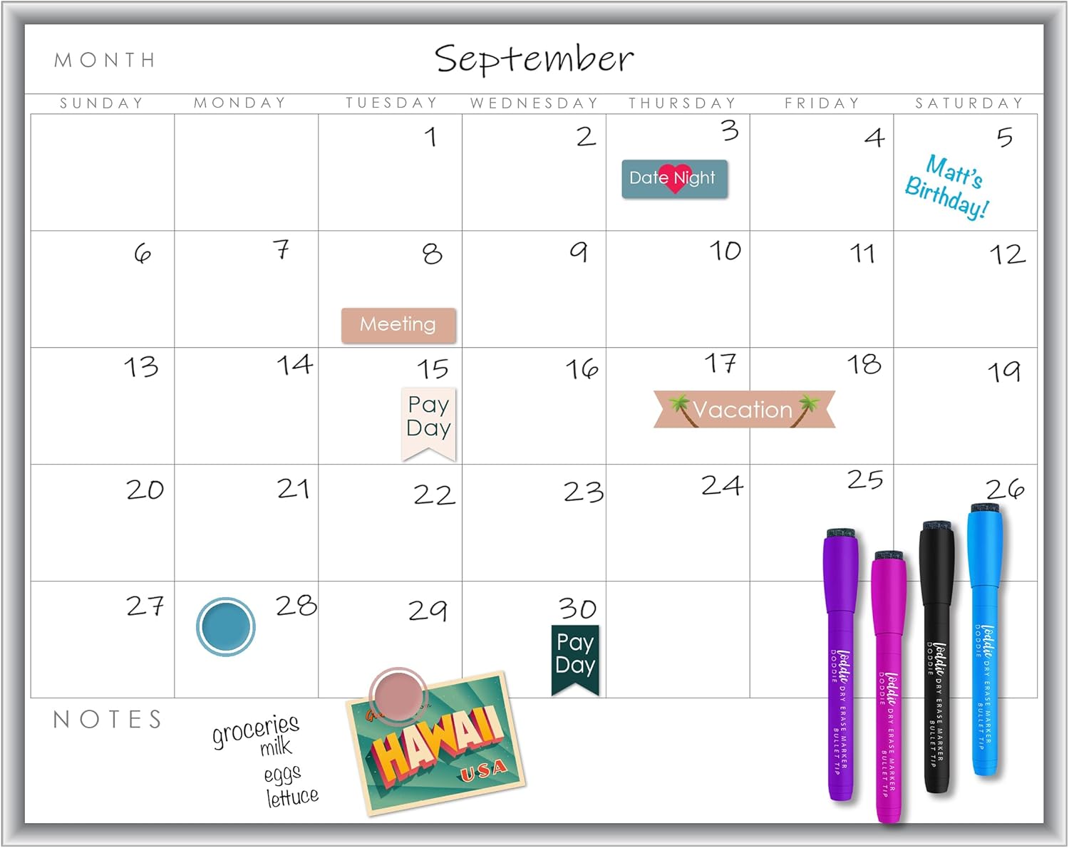 Loddie Doddie Magnetic Dry Erase Calendar Whiteboard - 17" x 23" Aluminum Frame - Includes 5 Color Dry Erase Markers & Planner Magnets - Wall Mount Monthly Planner Board