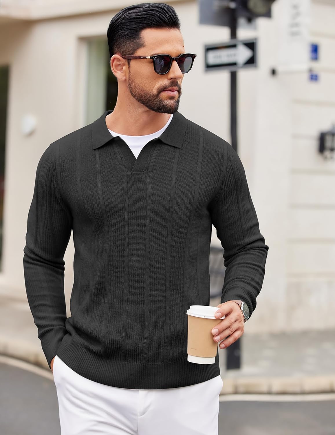 COOFANDY Mens Knit Long Sleeve Polo Shirt Casual Polo Collared Sweater V-Neck Textured Pullover - Image 4
