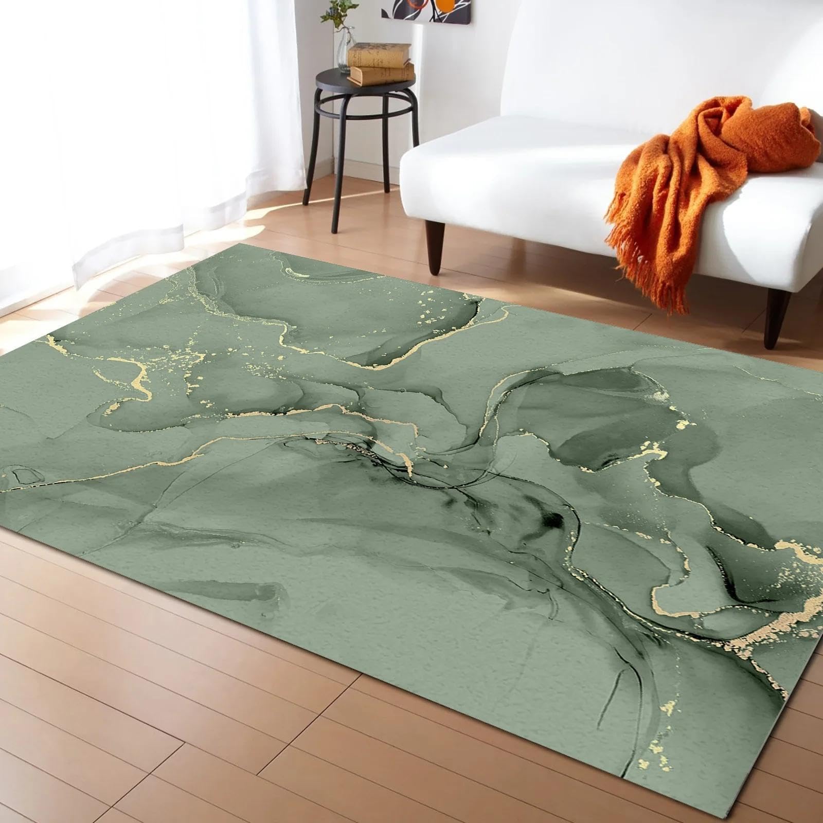Tapis de Salon Vert Sauge, Lignes dorées, 200 x 300 cm, Motif Abstrait Moderne, pour Chambre à Coucher, Salle à Manger, Lavable et antidérapant