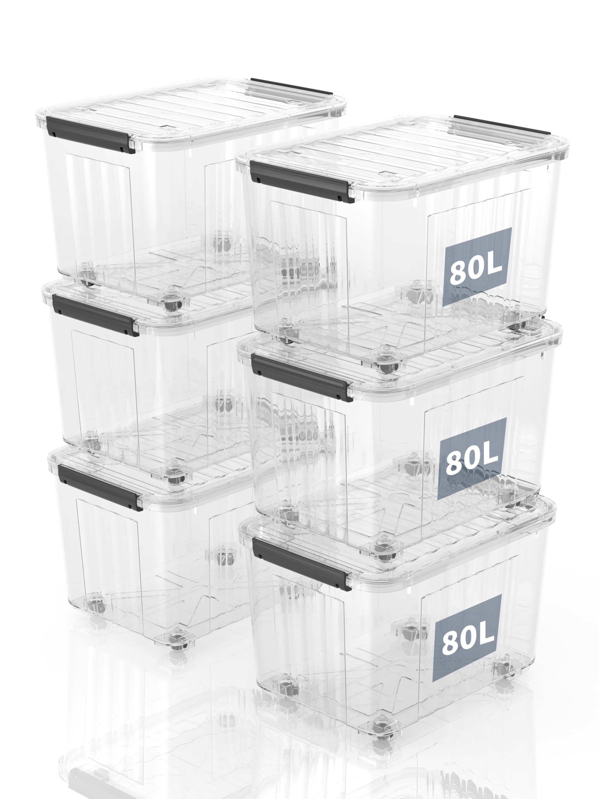 Scatole Portaoggetti, Casse di stoccaggio 80L, Contenitori in Plastica con Coperchio e Ruote, a Righe, Trasparente, Impilabile, Antipolvere, per Casa, Ufficio e Garage, 80L, Set di 6