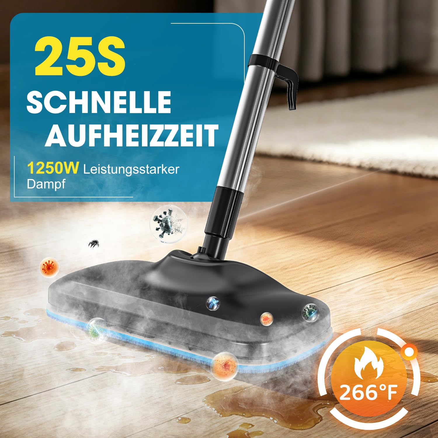 PEXCHO Dampfreiniger, Dampfmopp & Dampfwischer, 1250W Handdampfreiniger 3 Bar, 25s Aufheizzeit 266℉/130°C, 0,85kg für Böden, Fliesen, Teppich, Auto & Bad, Zubehör für Dampfbügelstationen