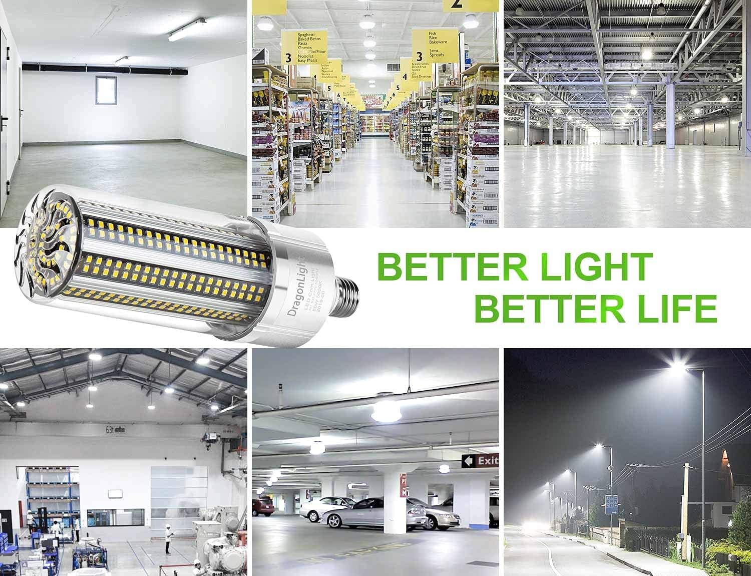 DragonLight 80W Commercial Grade Corn LED Light Bulb(600 Watt Equivalent) E26/E39 Large Mogul Base LED Lamp 5000K Daylight 9,600LM for High Bay Area Lightingea Lighting
