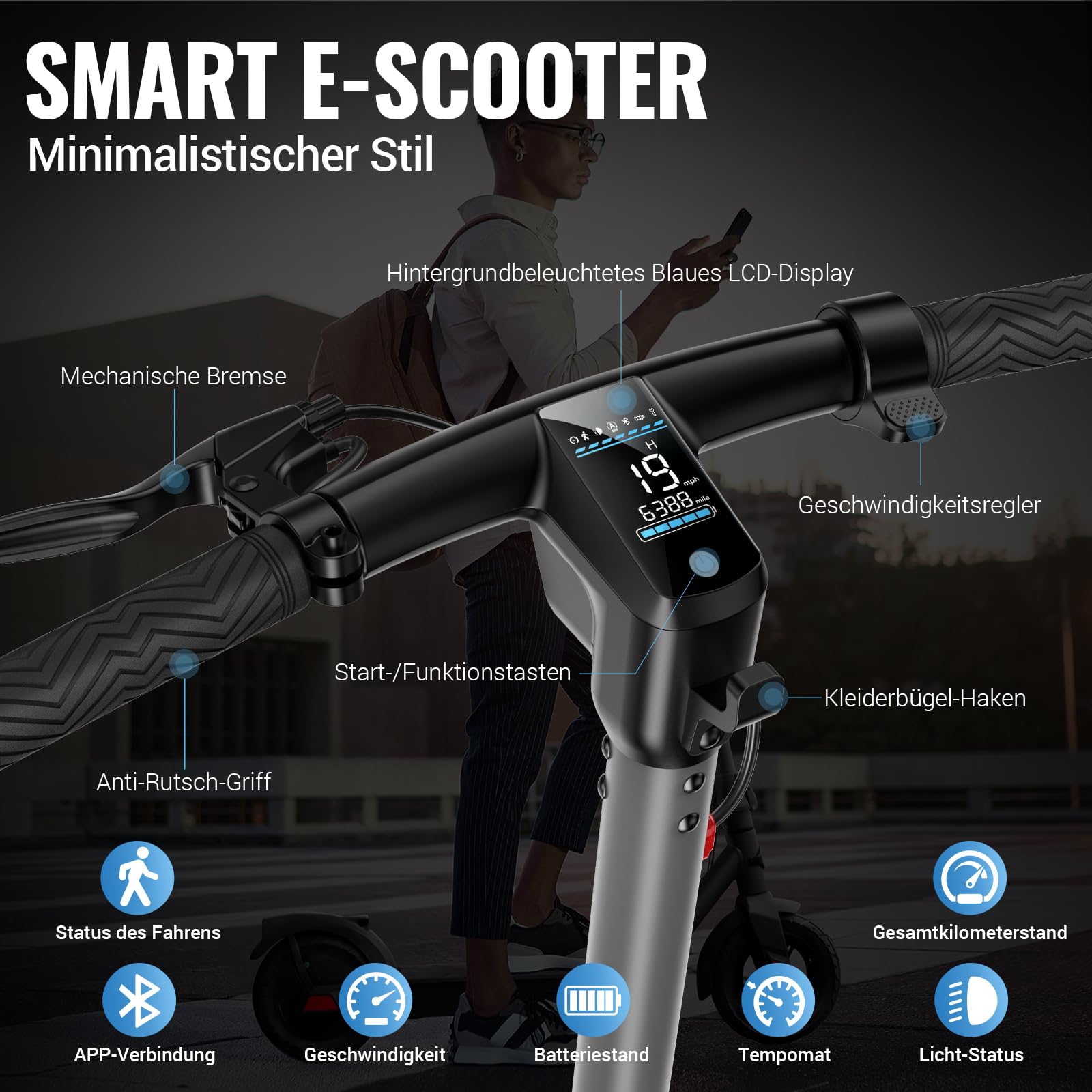 SISIGAD Patinete eléctrico de 10 Pulgadas para Adultos con aplicación, Motor eléctrico de 350 W, batería de 36 V, 10,4 Ah, 20 km/h, Scooter eléctrico, con Doble Freno (no Abe)