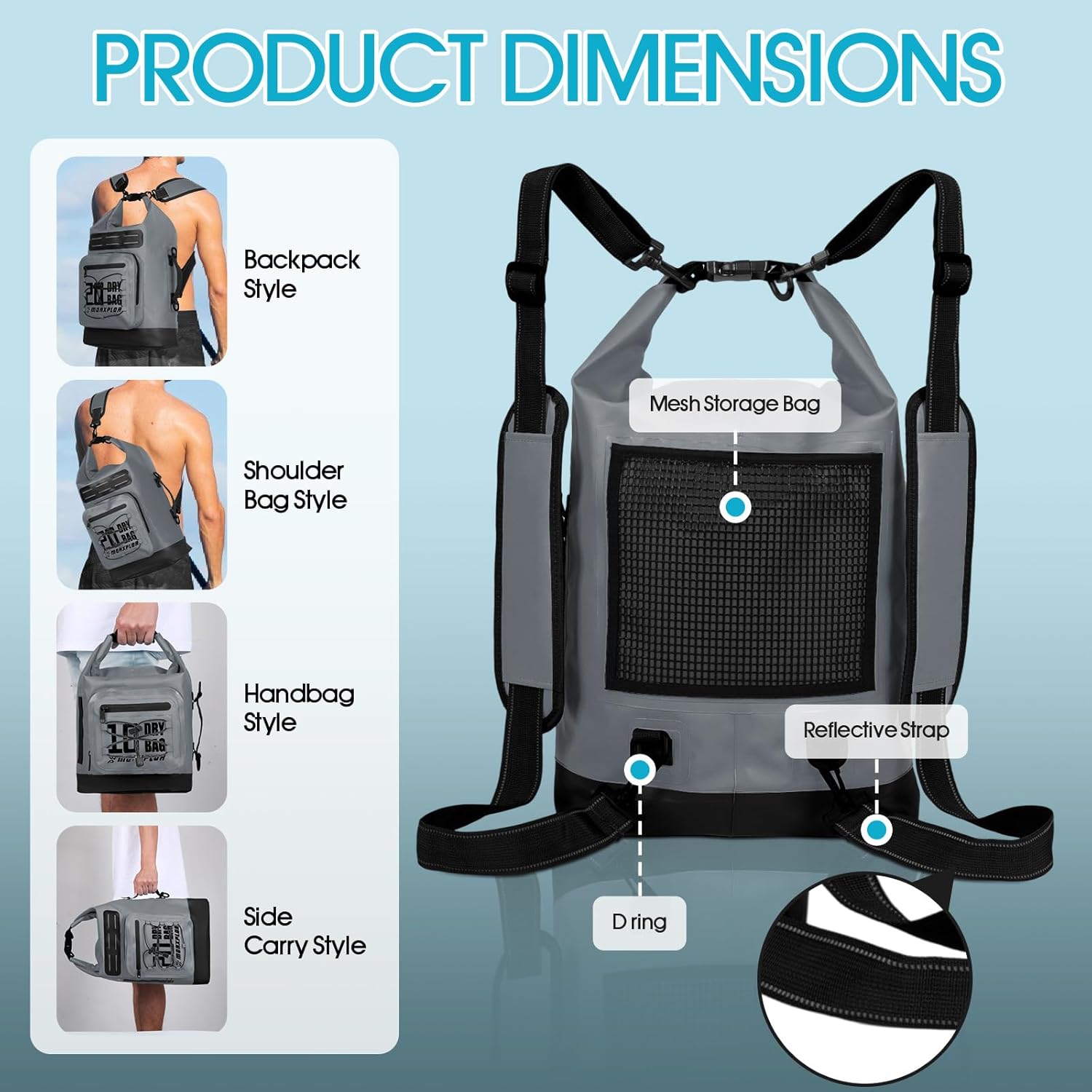 Dry Bag Waterproof,5L/10L/20L/30L Roll Top Dry Bag Backpack with WaterProof Phone Case for Swim,Kayak(Dark Grey 20L) - Image 2