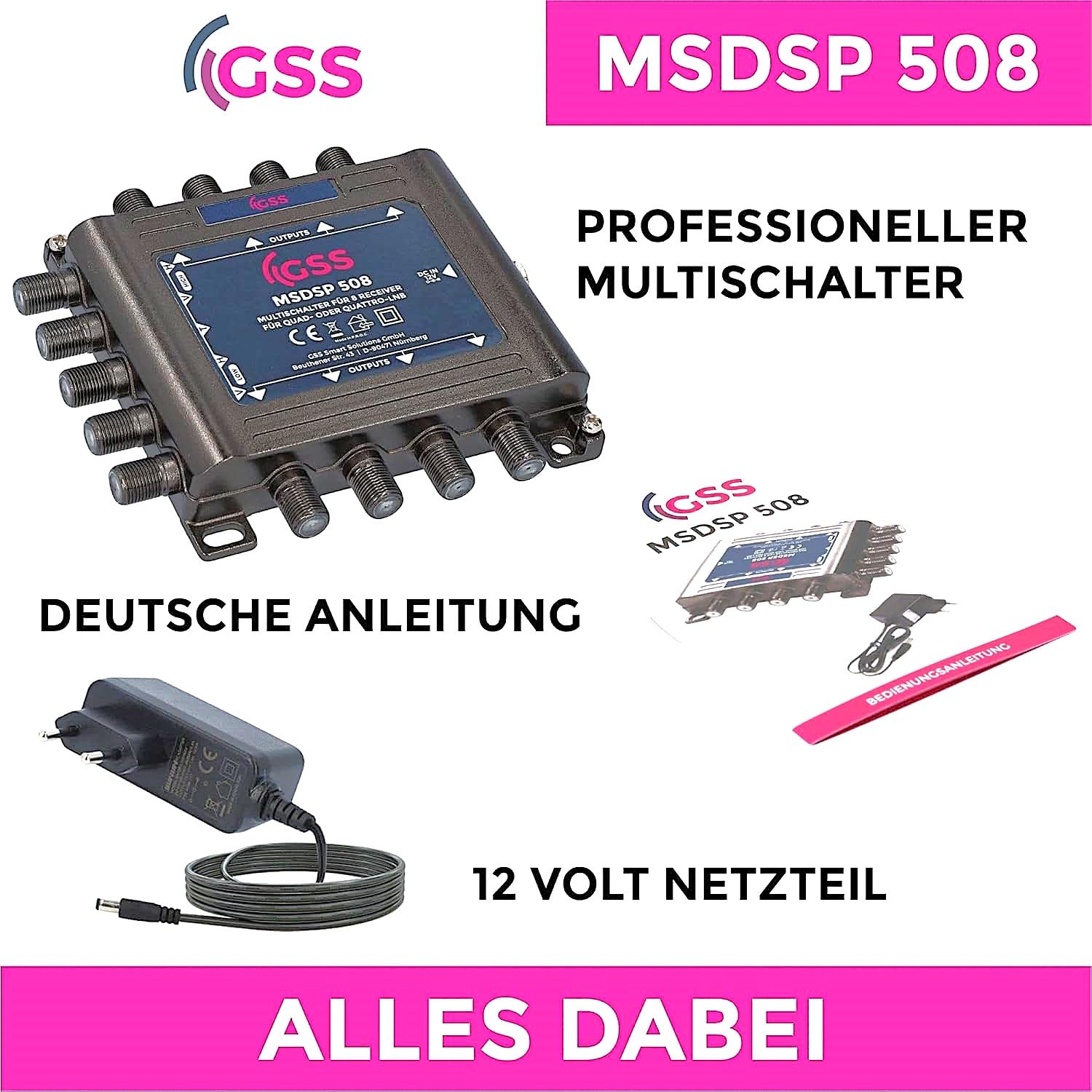 GSS Multiswitch 5/8 para Quattro y Quad LNB, Multiswitch para 1 satélite y 8 participantes (TV TV, receptor de satélite), distribuidor Matrix Satélite, HD 4K Digital, para cuenco, antena de espejo