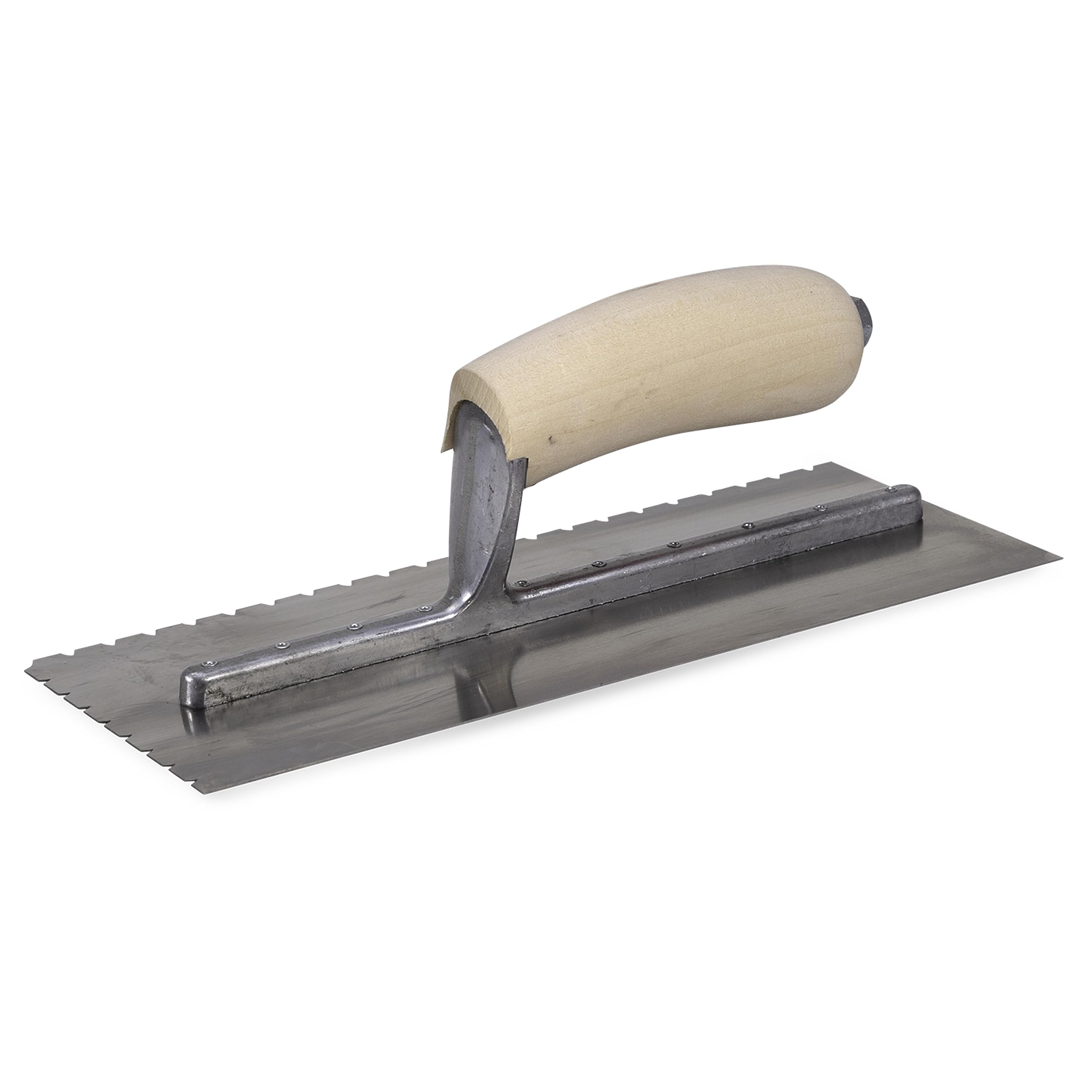 MarshalltownQLT Notched Trowels - Riveted (11x412), Wood Handle Material, Flat-V Notch Shape, 10mm Y-Notch Size, 10mm X-Notch Size, 3mm Z-Notch Size, Made in The USA, NT760