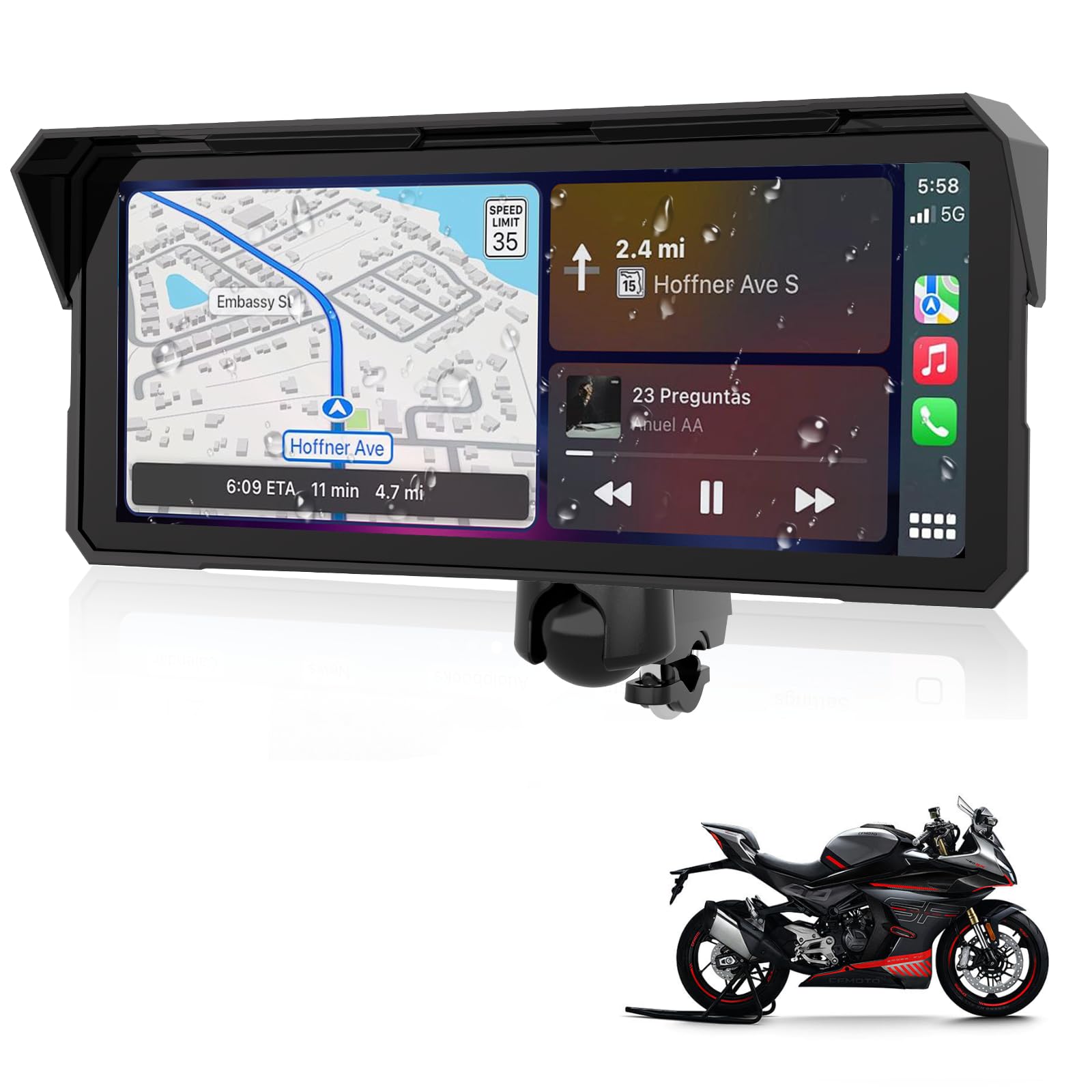 8,1 Zoll Motorrad Carplay Drahtloses Carplay und Android Auto für Motorräder, IP67 Wasserdichtes Touchscreen Motorrad Navi GPS, Bluetooth-Audio, Siri und Google