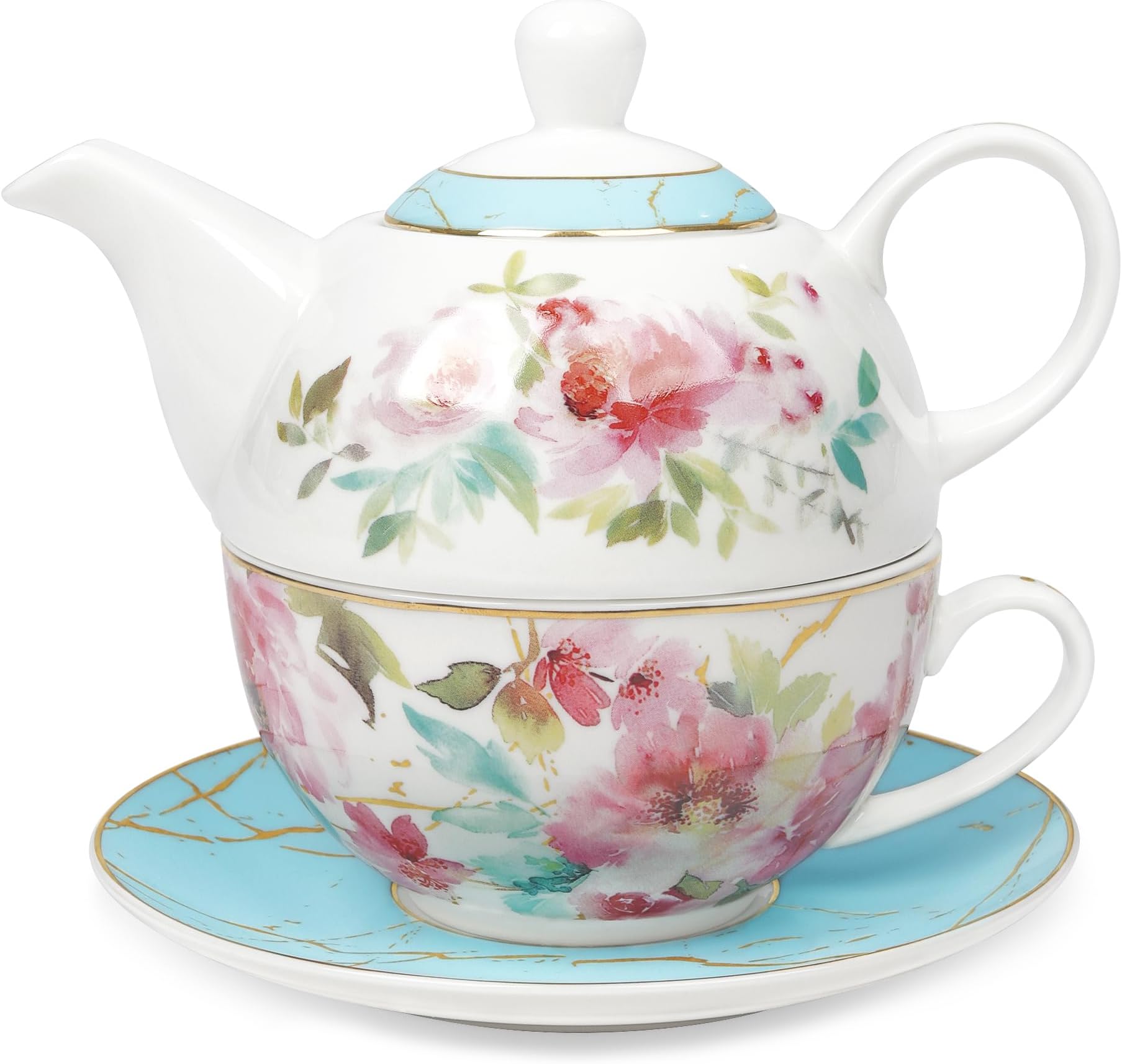 fanquare Pink Floral Tea for One Set, Tea Cup and Saucer Set for Adults, Blue Tea Set with Gold Trim for Party Gift
