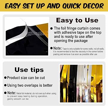 6 Pack Black Gold Silver Foil Fringe Curtains Backdrop, 3.28 x 8.2 Ft Metallic Streamers Tinsel Curtains Background for Photo Booth, Birthday, Weddings, Carnivals, Graduation, Themed Party Decorations