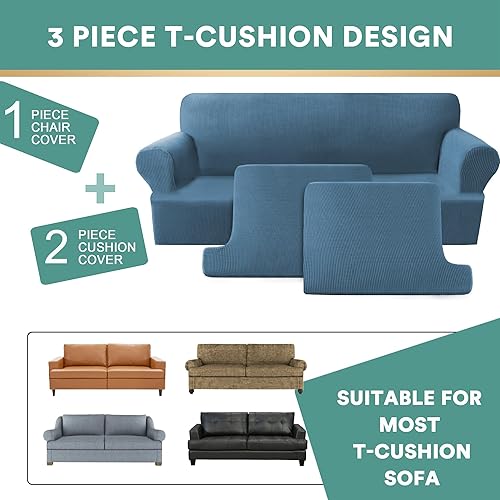 Miniatura 5 de Fundas para sofá de 3 piezas, funda para sofá con cojines en forma de T, fundas de sofá de alta elasticidad para sillón de 2 cojines, con 2 fundas