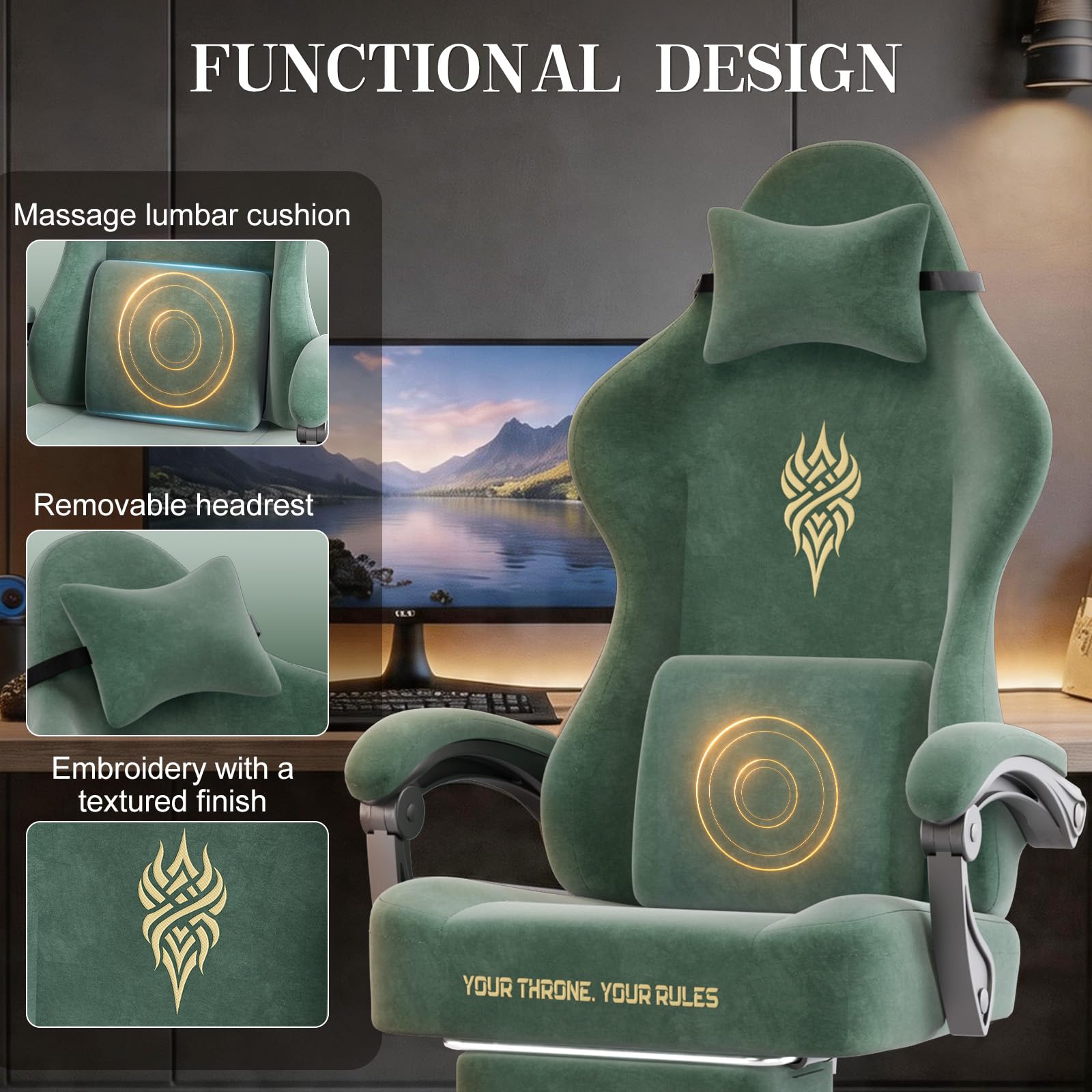 Verdego Chaise Gaming Ergonomique, Fauteuil Gaming avec Support Lombaire Massante, Repose-Pieds Télescopique, Appui-Tête, Tissu Velours, Inclinable 125°, Chaise Gamer Réglable en Hauteur (Vert)