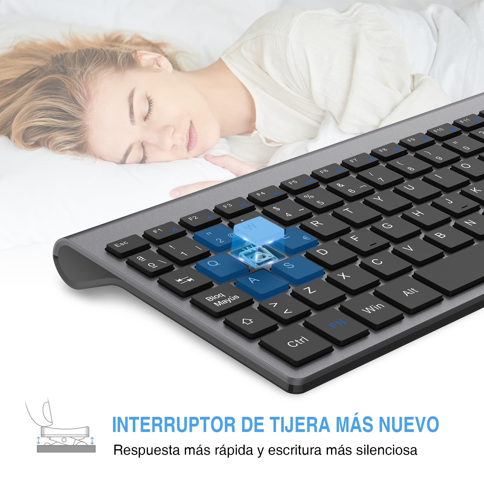cimetech Teclado y Ratón Inalámbrico, 2.4G Combo Teclado Raton Inalambrico Español 2 en 1 USB Ultra Delgado Silencioso Mouse,Teclado y Ratón para PC/Laptops/Ordenador (Gris)