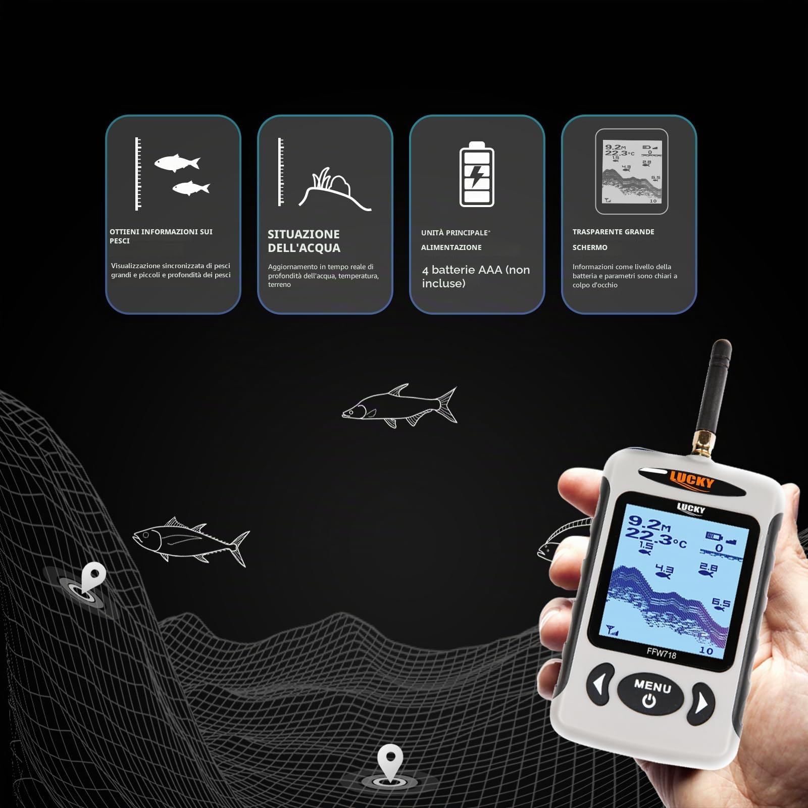 LUCKY Wireless profondità Acqua rilevatore Pesci Kayak rilevatori Pesci Portatili sensore Sonar Schermo LCD Barca rilevatore Pesci per Riva Kayak Pesca FFW718