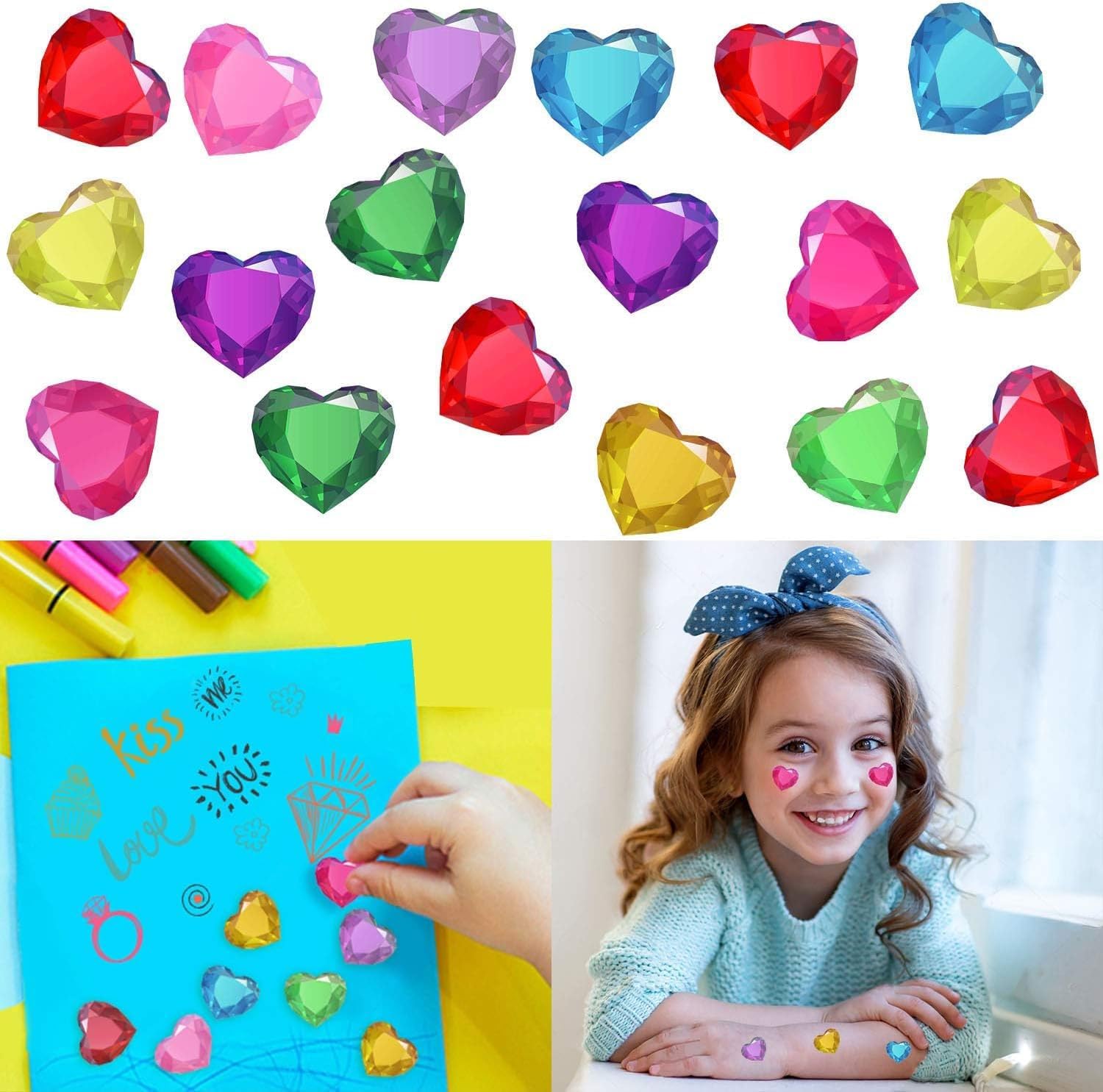 Leesgel 180pcs 3D Heart Rhinestone Stickers - Valentine's Day Crafts Kit with Self-Adhesive Gems for Kids Party Favors, DIY Cards & Home Decor (Sparkling Colorful Designs)