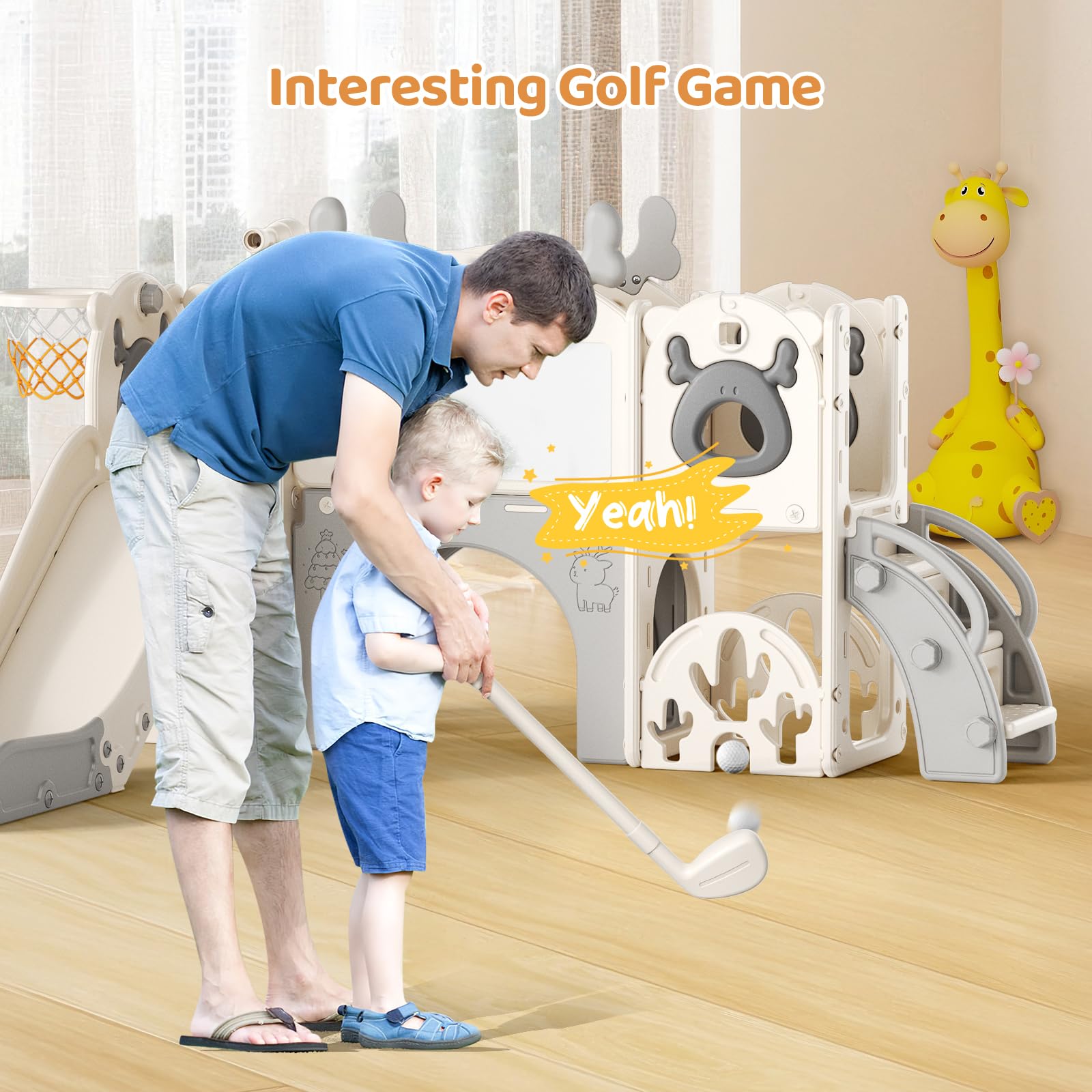 Tobogán 7 en 1 para niños pequeños, tobogán con temática de Alce navideño y Juego de Golf, tobogán para bebés de 1 a 3 años (Beige Gris- 7 en 1)