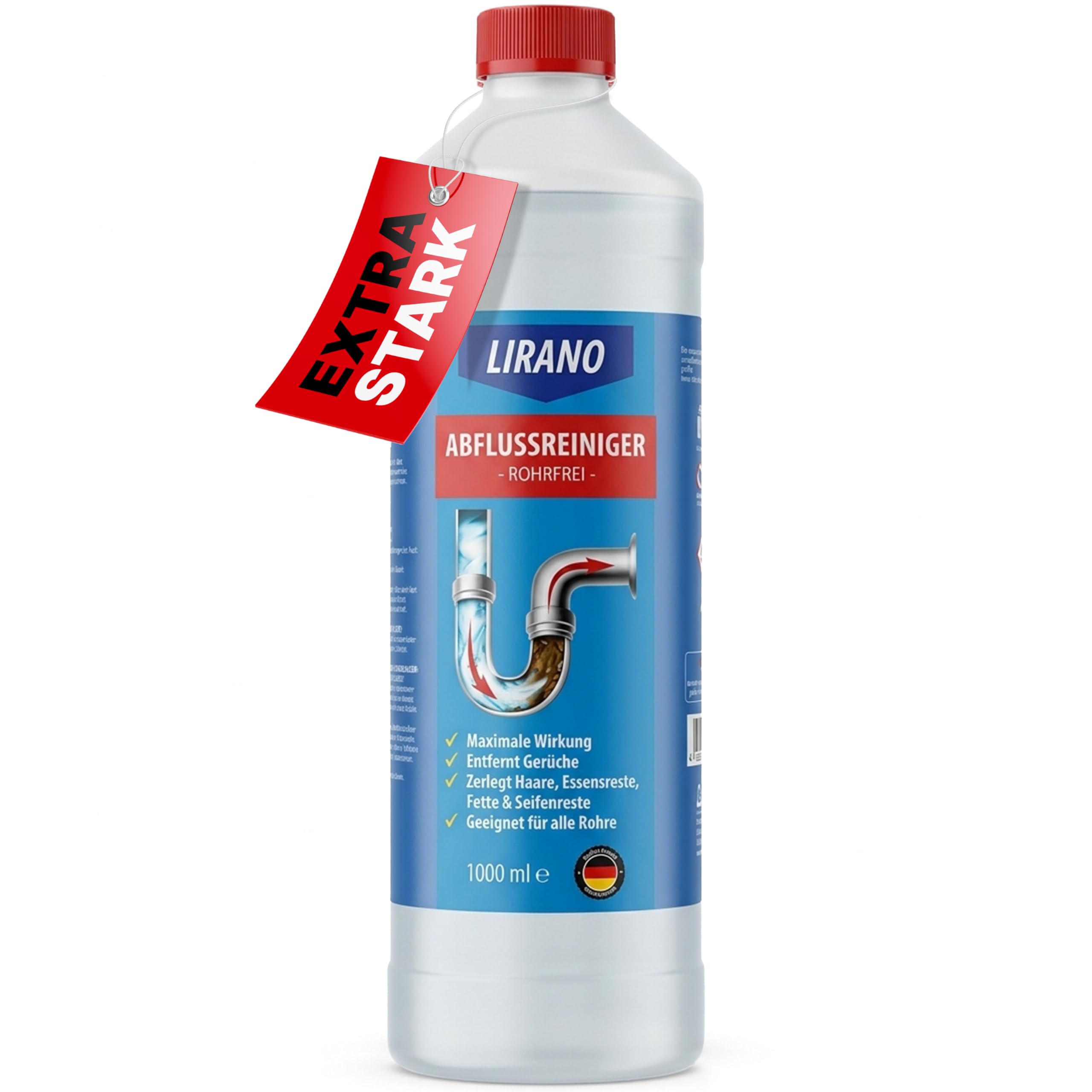 Rohrfrei, Abflussreiniger EXTRA STARK in Profi-Qualität – 1L – löst Haare, Speisereste & hartnäckigsten Rohrverstopfungen – neutralisiert unangenehme Gerüche - biologisch abbaubar - Made in Germany
