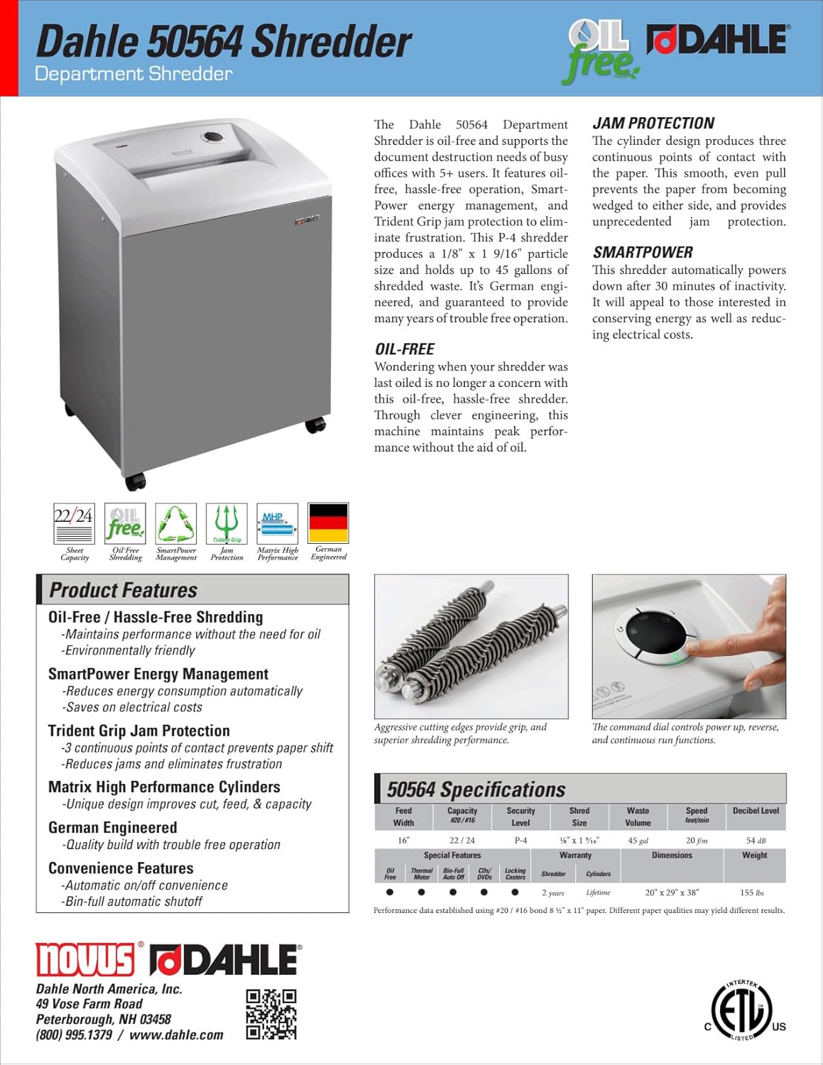 Dahle 50564 Paper Shredder, Cross Cut, P-4 Security, German Engineered, Jam Protection, Oil Free, SmartPower, Shreds CDs, 22 Sheet Max, 45 Gal Bin